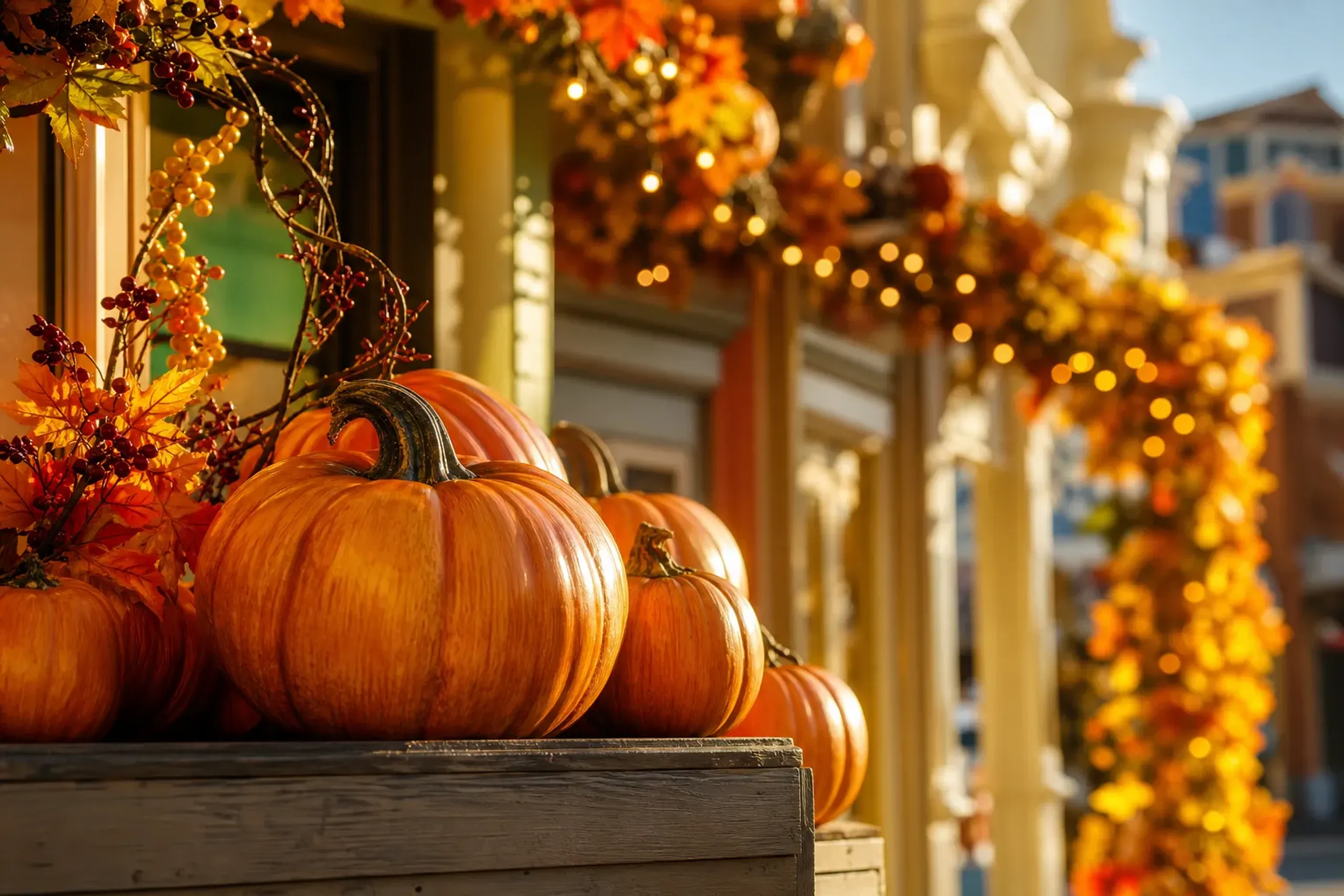 Pumpkin and autumn garland decorations suggesting Halloween season in a theme-park retail street, without characters