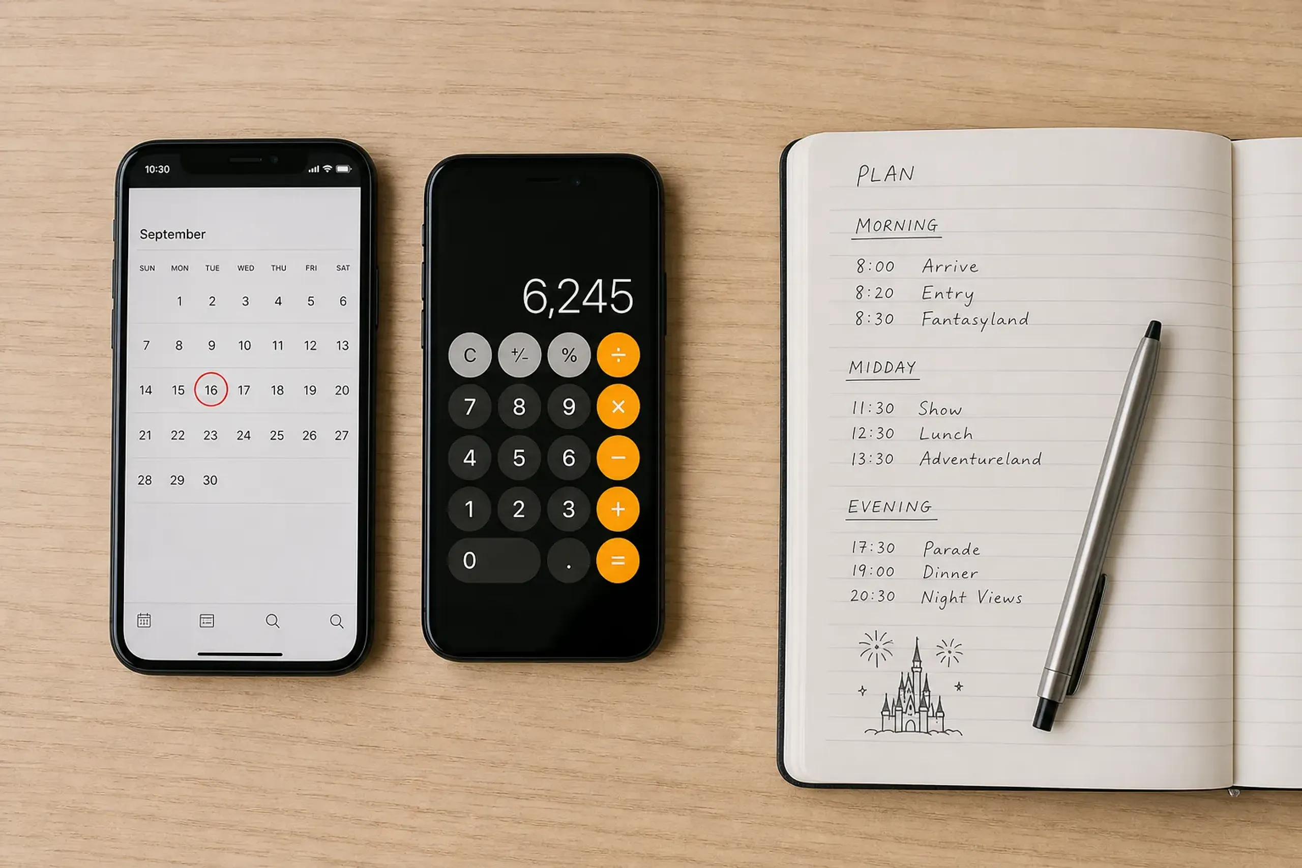 Notebook with time blocks beside a phone showing a calendar and calculator, representing a structured morning plan