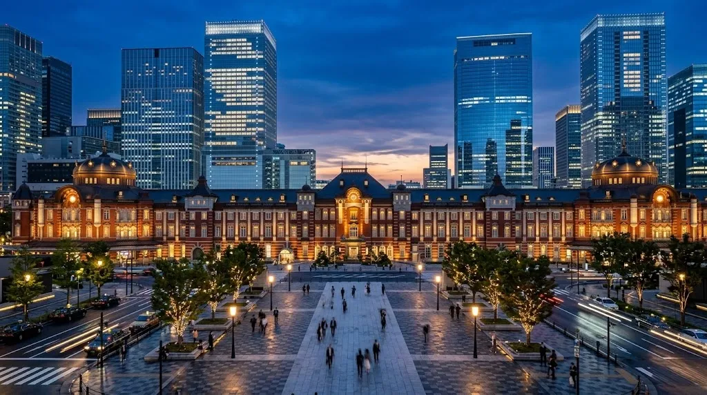 The historic red brick facade of Tokyo Station stands beautifully illuminated at dusk, surrounded by glowing modern skyscrapers under a deep blue twilight sky in Japan.