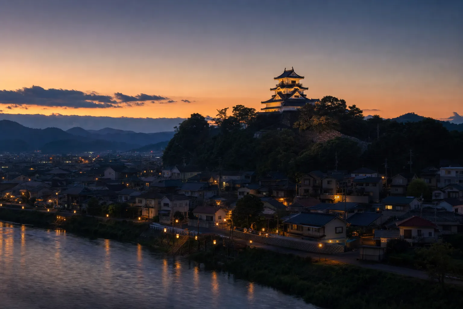 Ozu Castle at dusk overlooking the castle town in Ehime Prefecture