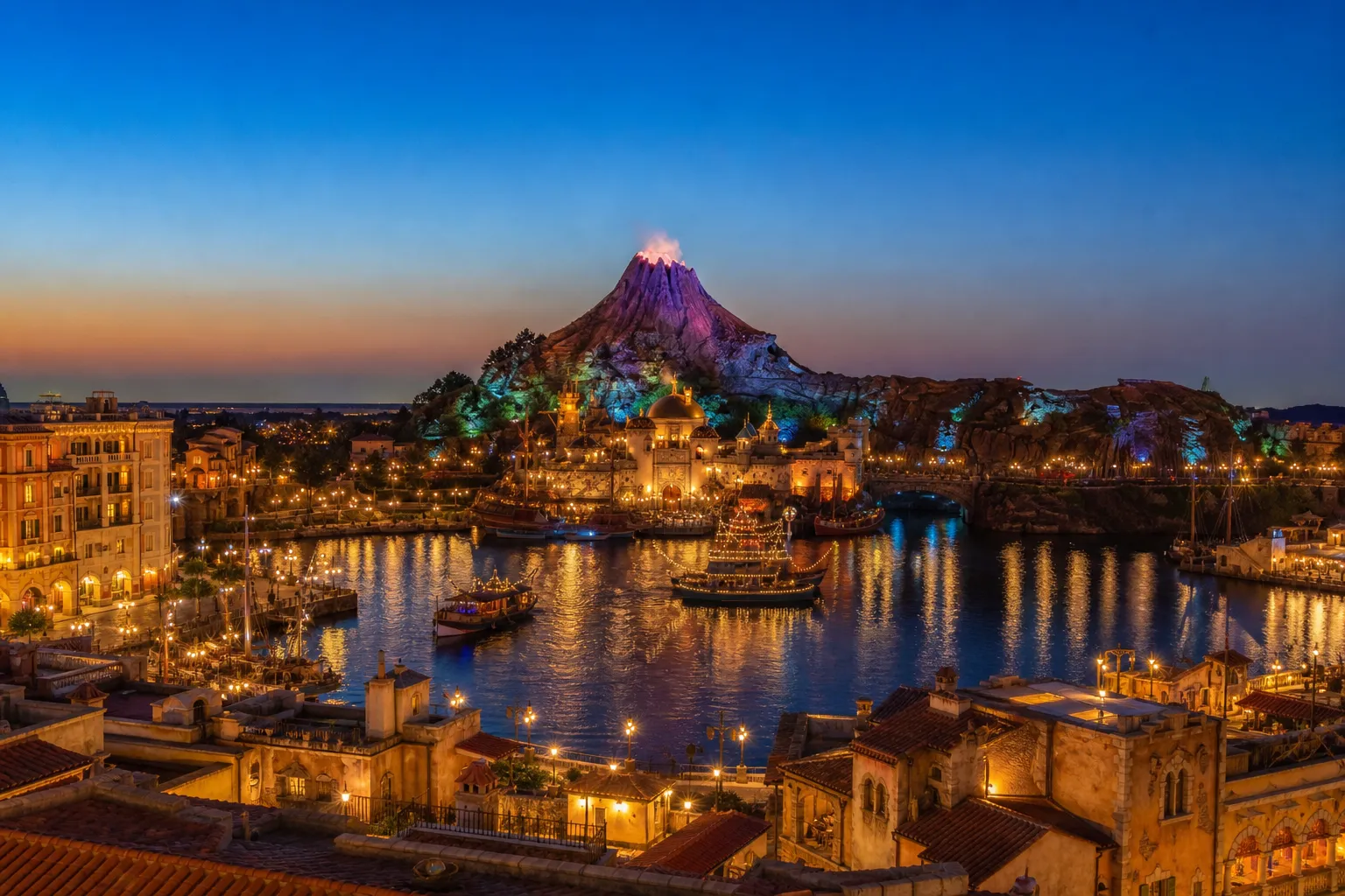 Mediterranean Harbor at Tokyo DisneySea at golden hour with Mount Prometheus