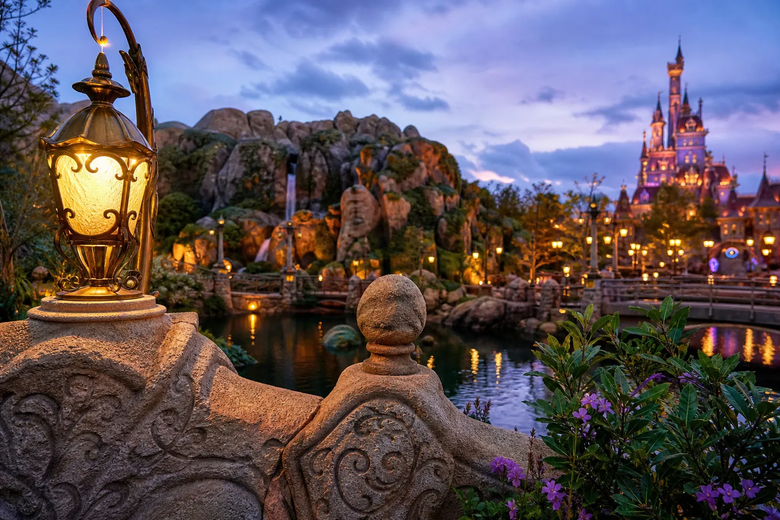 Close-up of stone and lantern detailing in Fantasy Springs at Tokyo DisneySea