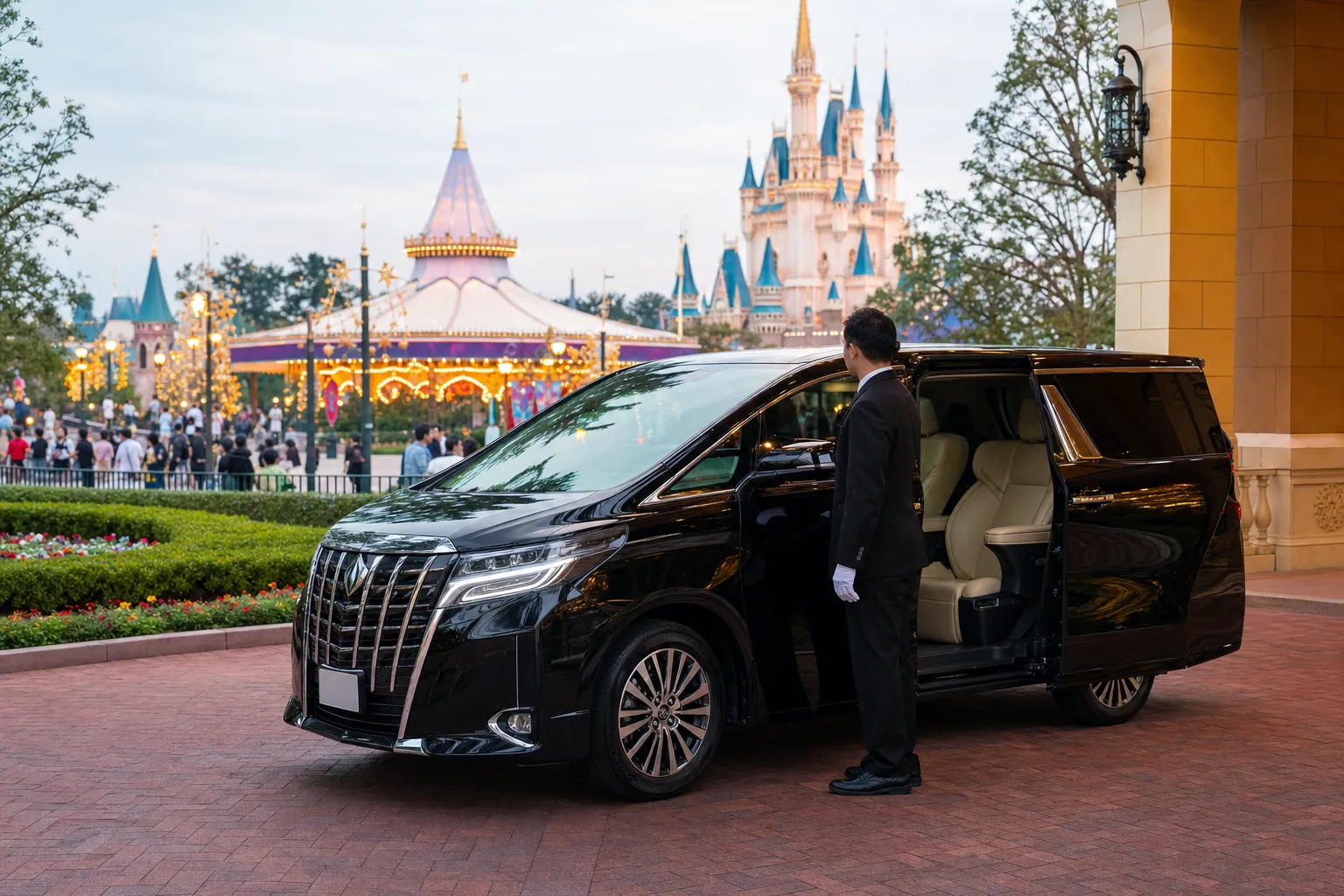 Luxury chauffeured minivan with driver at a Tokyo resort entrance in morning light
