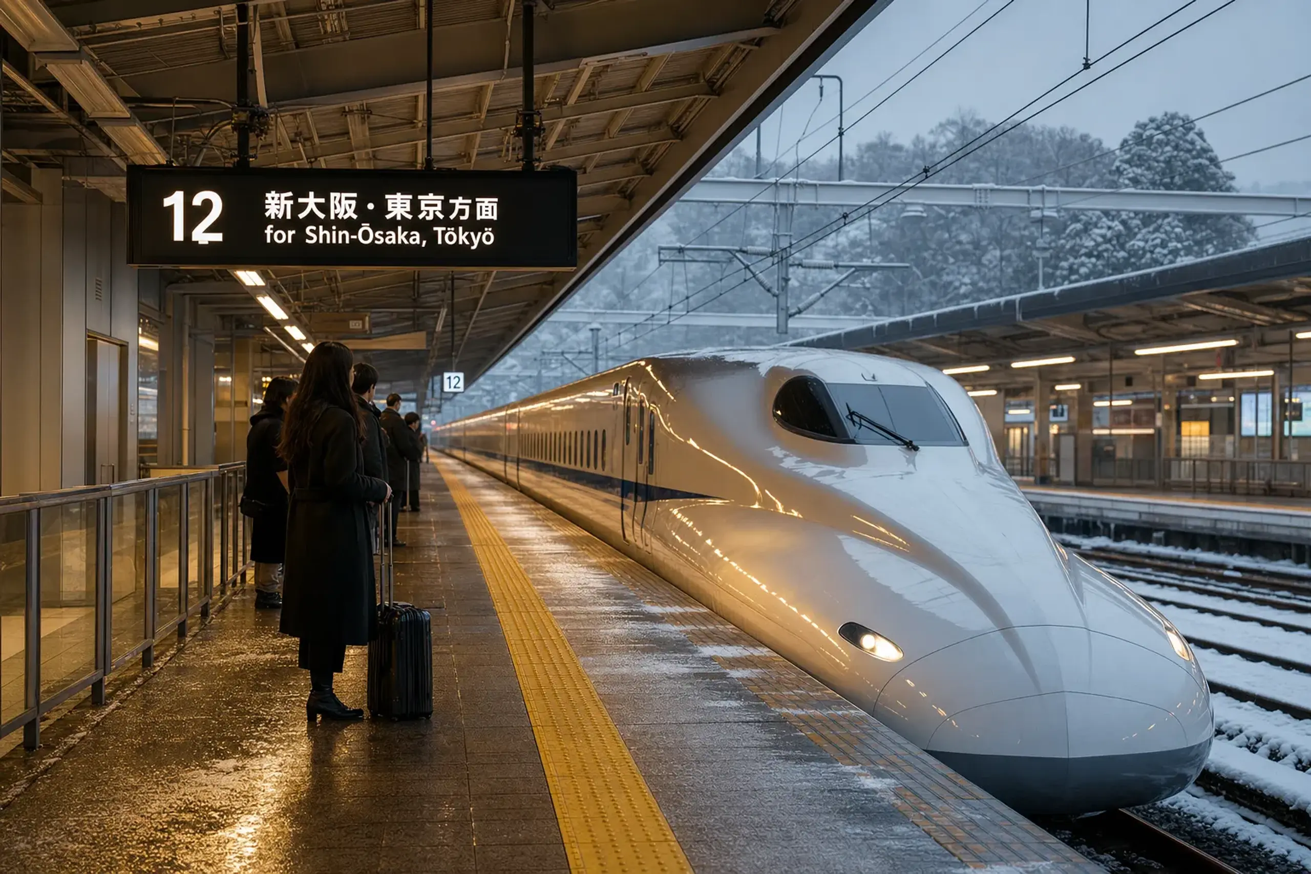 Shinkansen arriving at a station platform with bilingual signage
