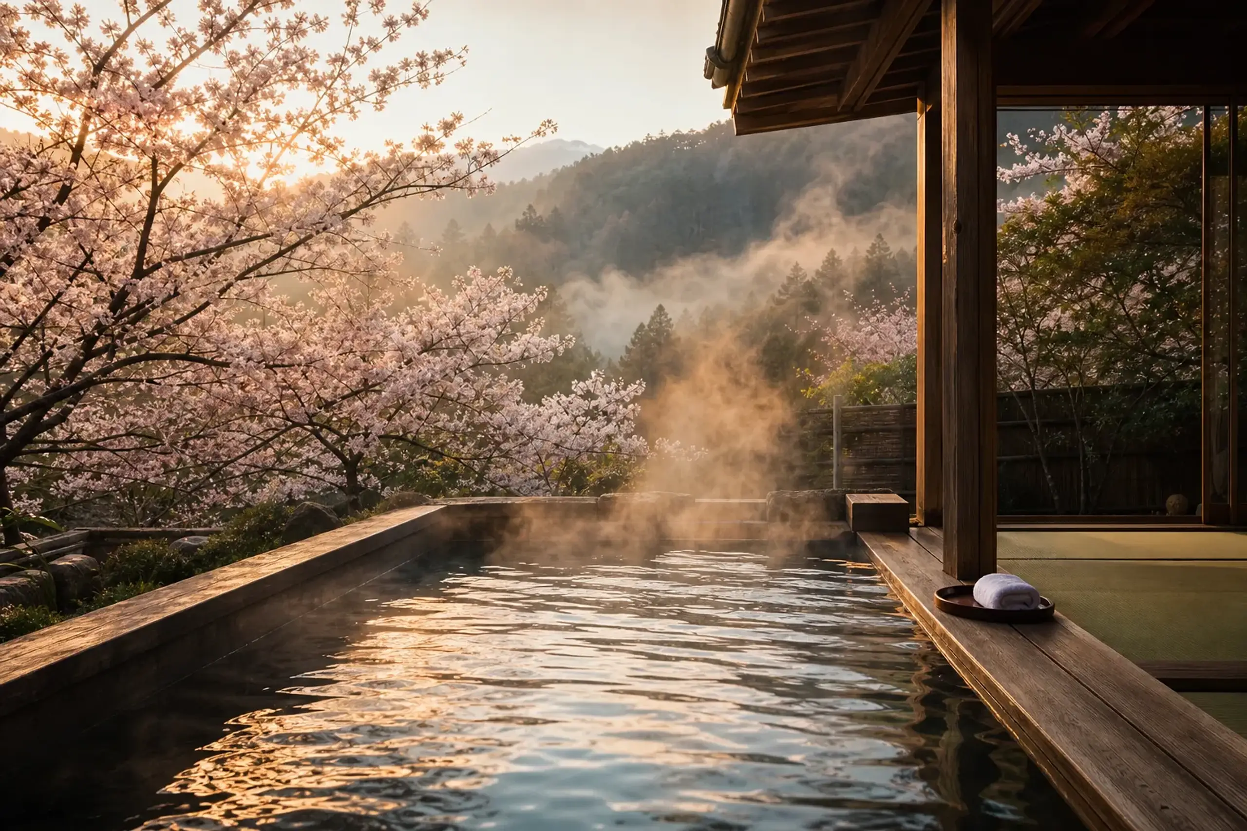 A traditional wooden ryokan with tatami rooms and an outdoor onsen bath overlooking the forested slopes of Hakone, mist rising from the valley at dawn