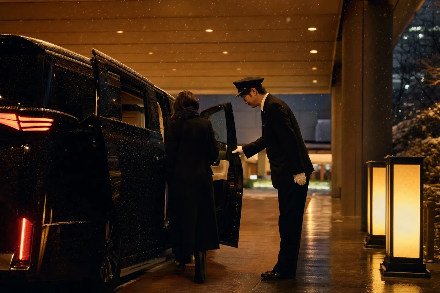 Chauffeur in uniform opens the door for a guest beside a black luxury van in front of Grand Hyatt Tokyo at night.