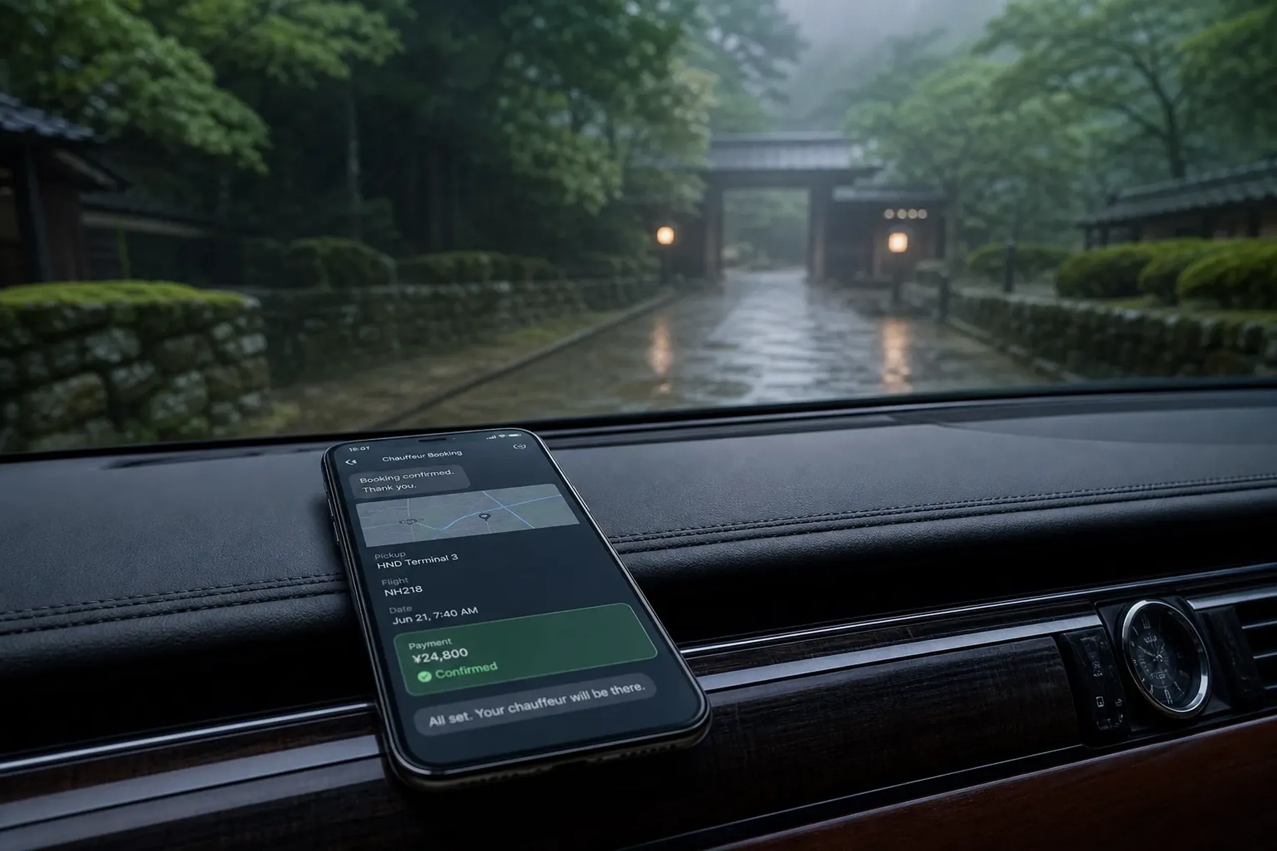 A smartphone screen displaying a chauffeur booking chat interface showing route, flight number and confirmed payment status, resting on a car dashboard