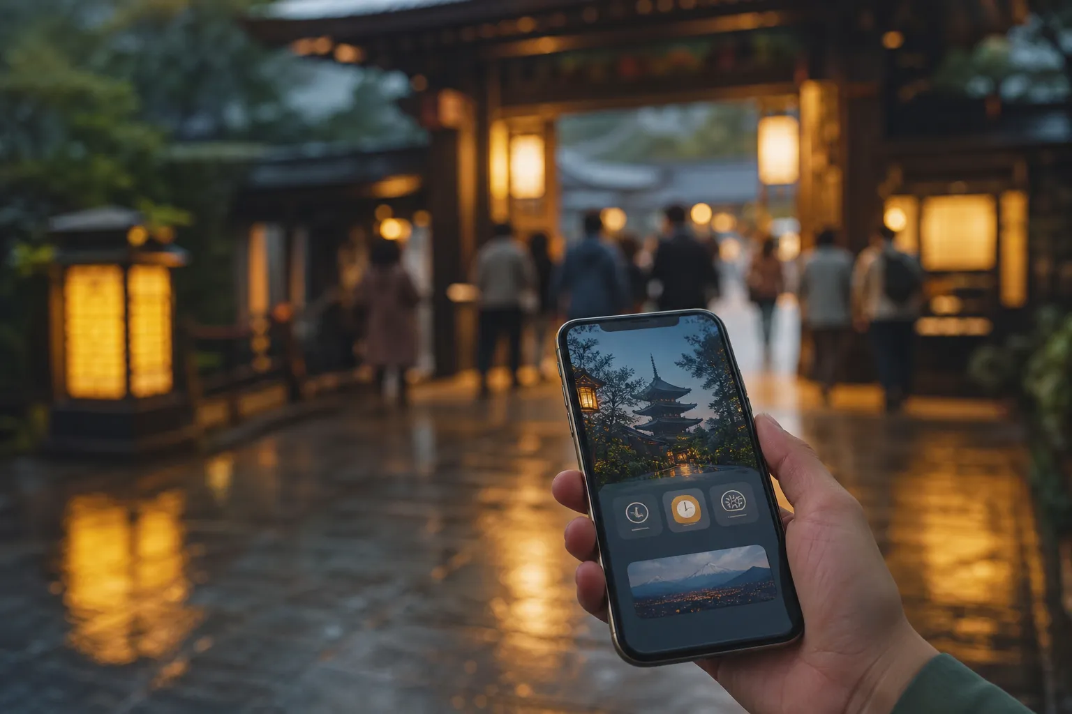 A guest using the official park app on a smartphone at the Tokyo DisneySea entrance in morning light