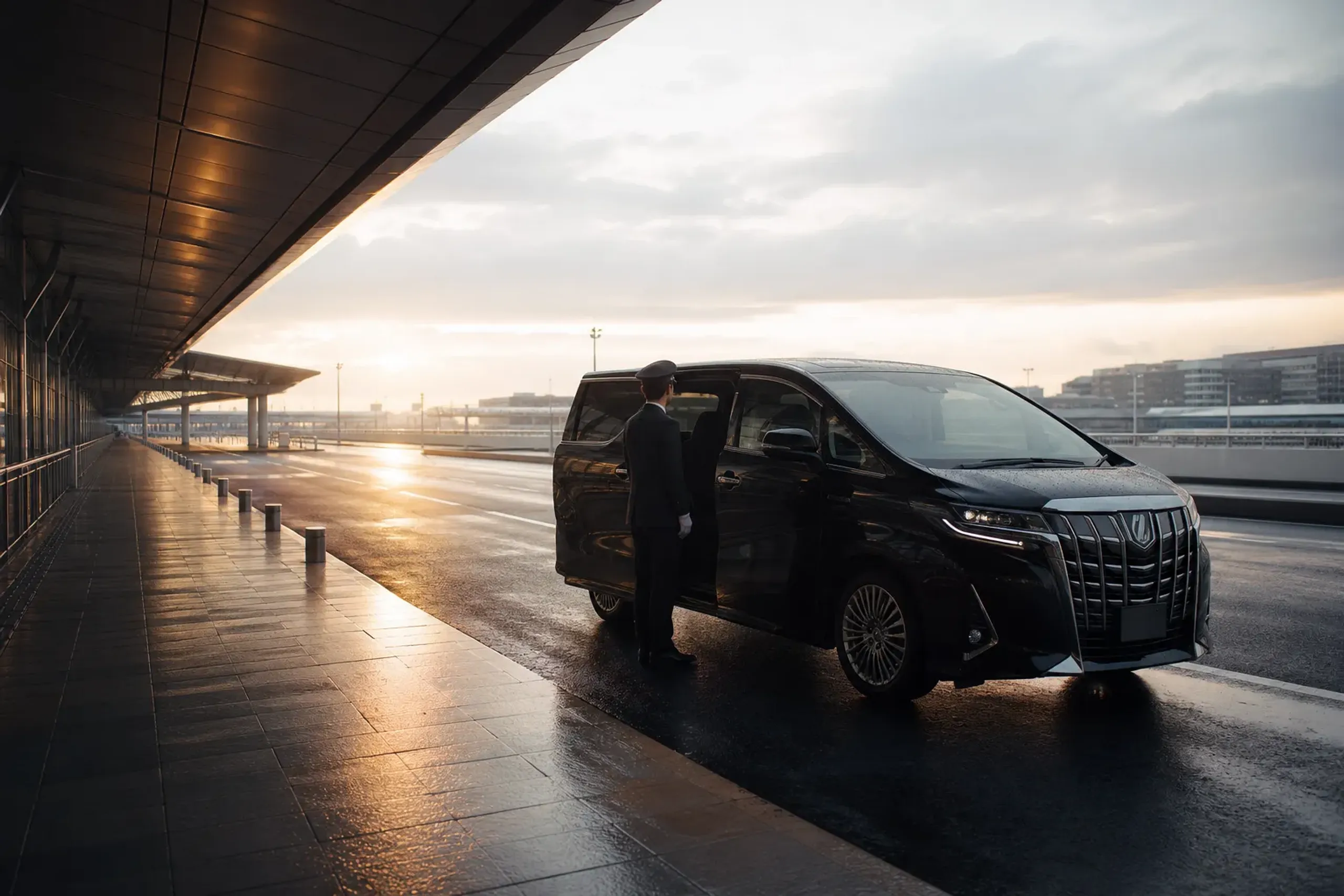 A polished black Toyota Alphard waiting quietly at the empty kerb of Kansai International Airport's arrivals forecourt at first light