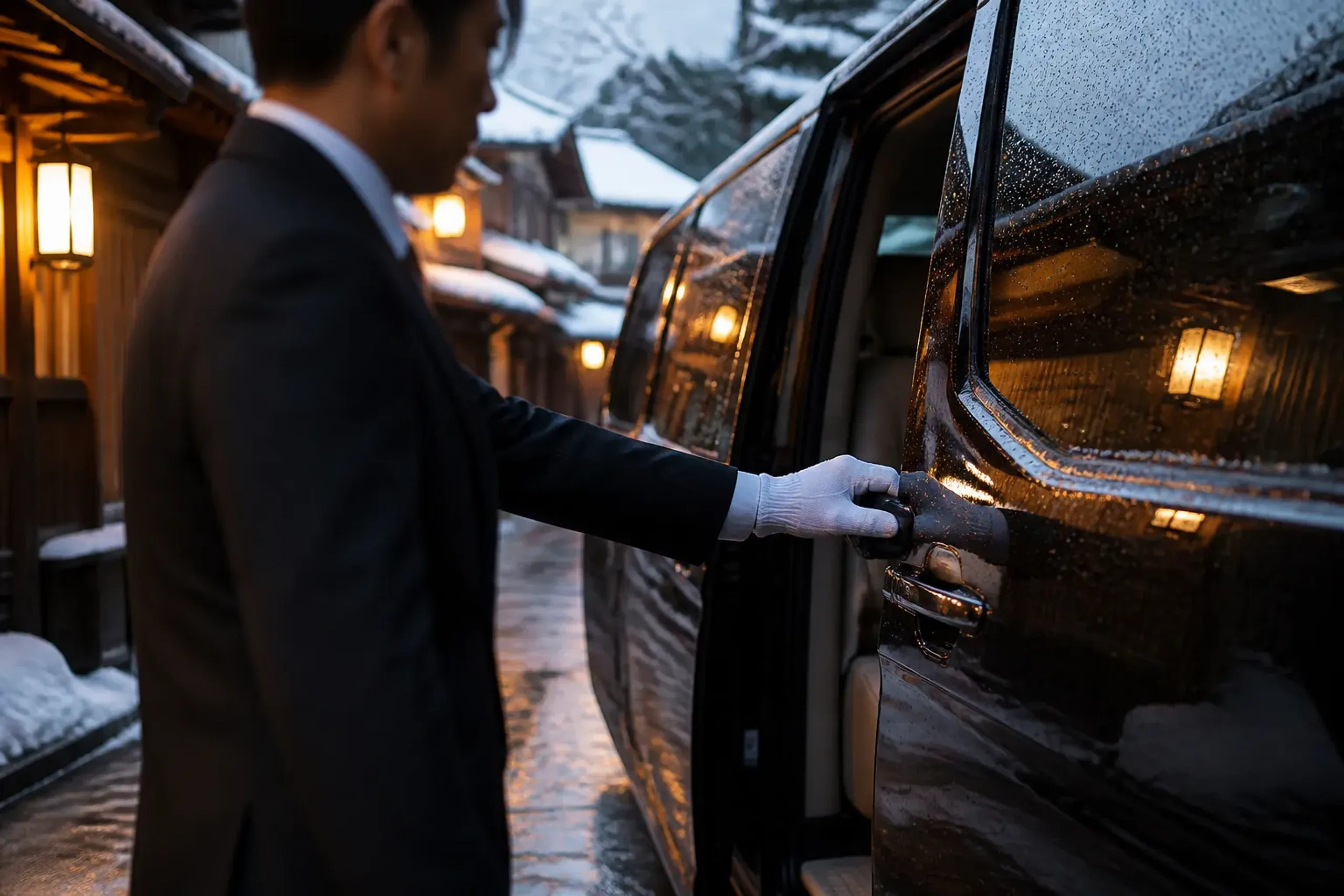 Kyoto chauffeur in suit and white gloves opening a luxury vehicle door