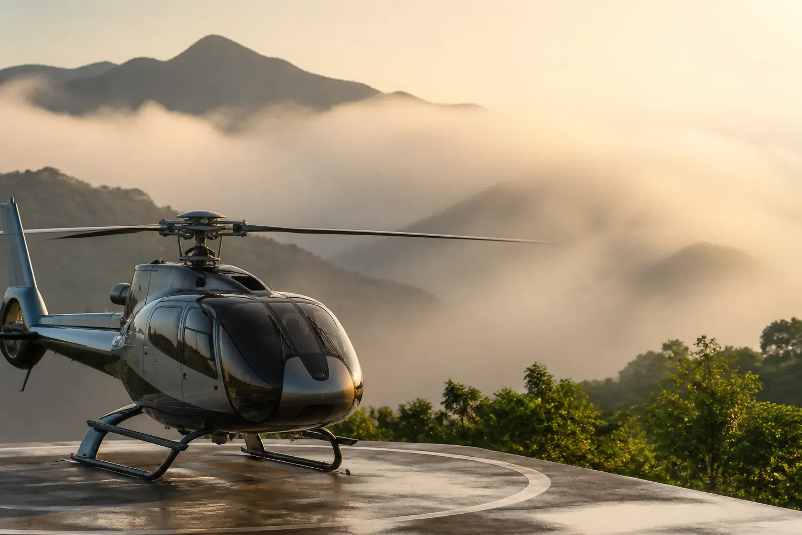 a private helicopter grounded on a heliport tarmac as thick fog rolls into a mountain valley, rotor blades still, mist obscuring the surrounding forested slopes