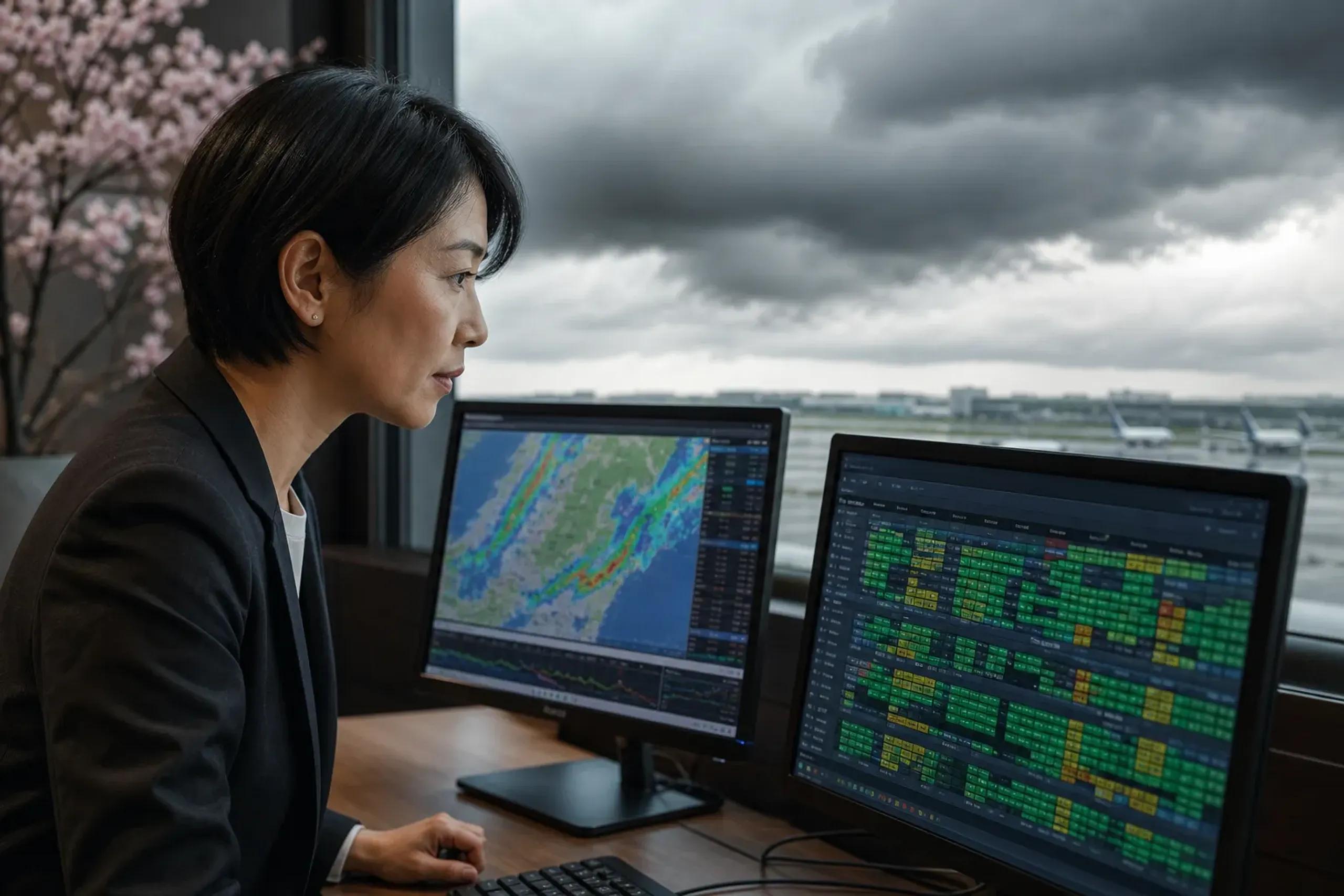 Travel coordinator monitoring weather and flight status for a helicopter itinerary in Japan