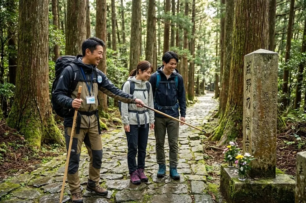 Three hikers stand on a mossy stone path in a forest, pointing at a tall stone monument with flowers at its base.