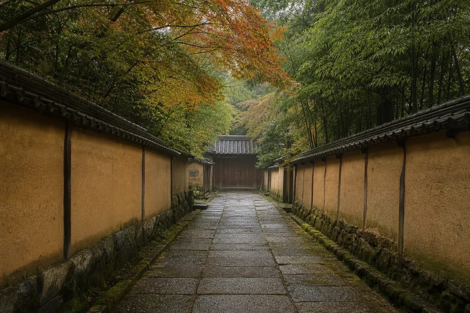 A narrow stone pathway lined with traditional mud walls and lush greenery leading to a closed temple gate.