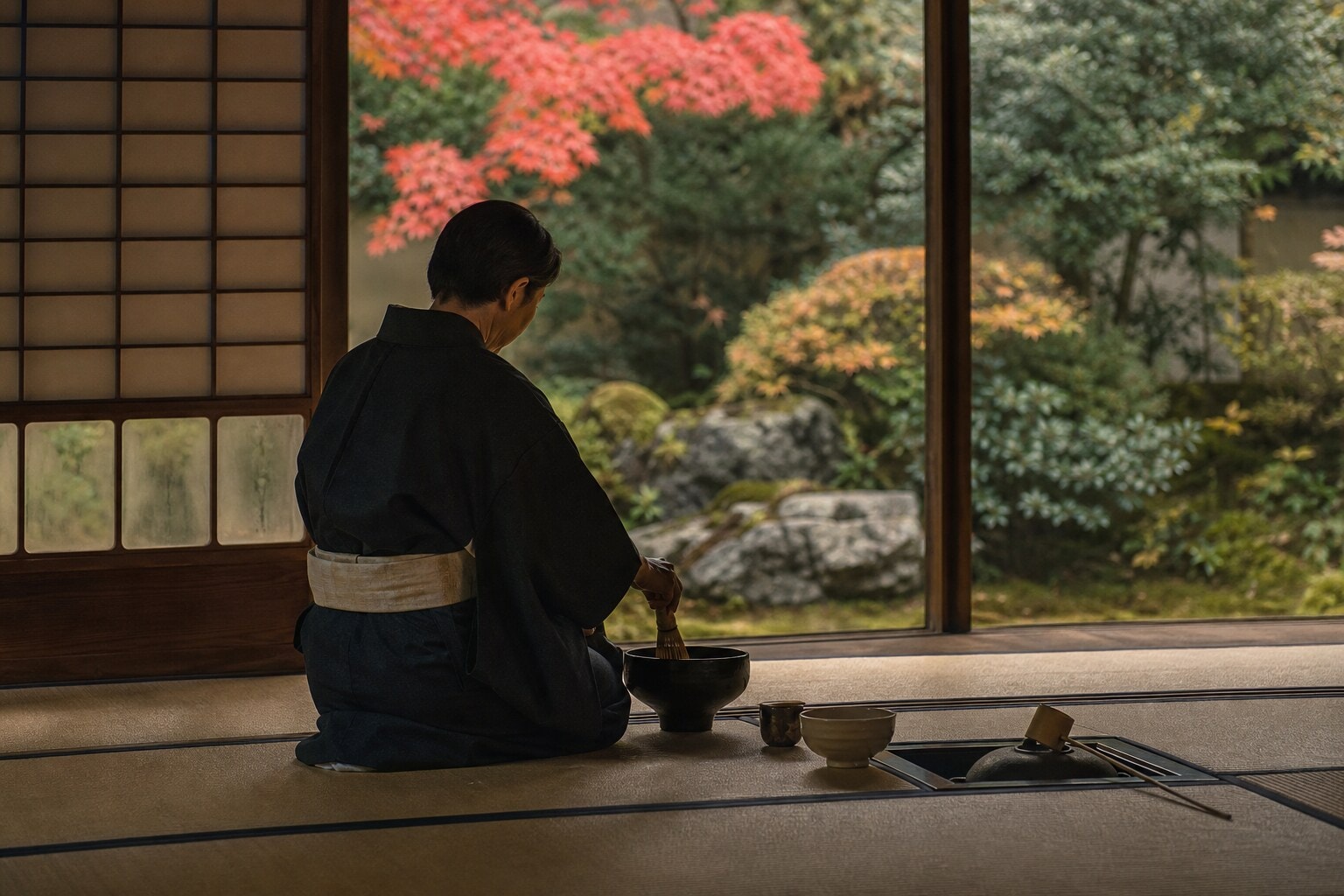 Japanese tea master preparing matcha near an open shoji screen