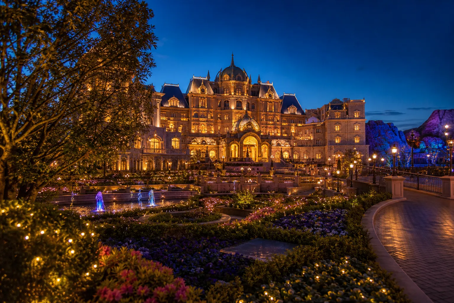 Elegant Fantasy Springs luxury hotel exterior with landscaped gardens.