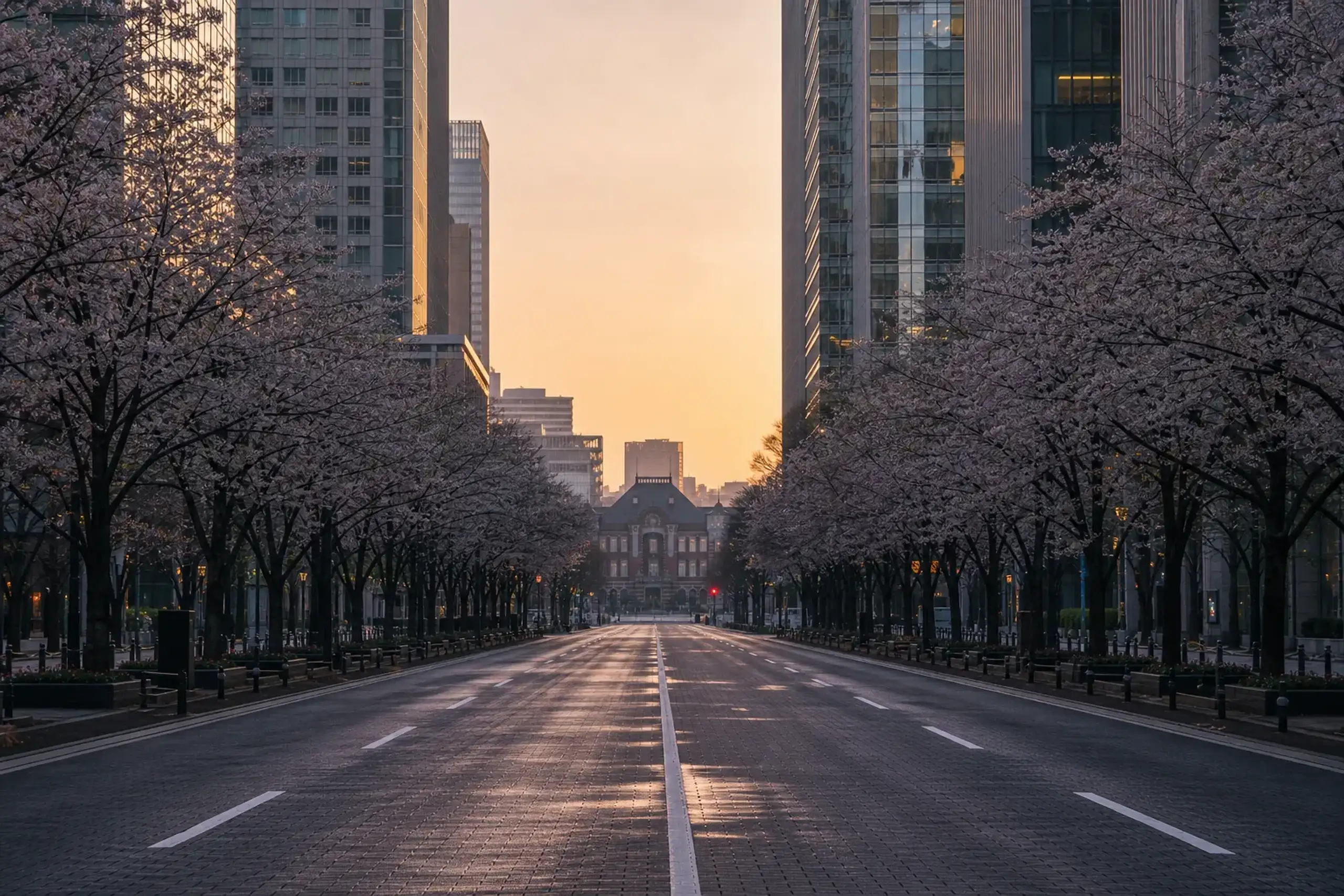 Empty central Tokyo street at dawn with soft light and modern architecture