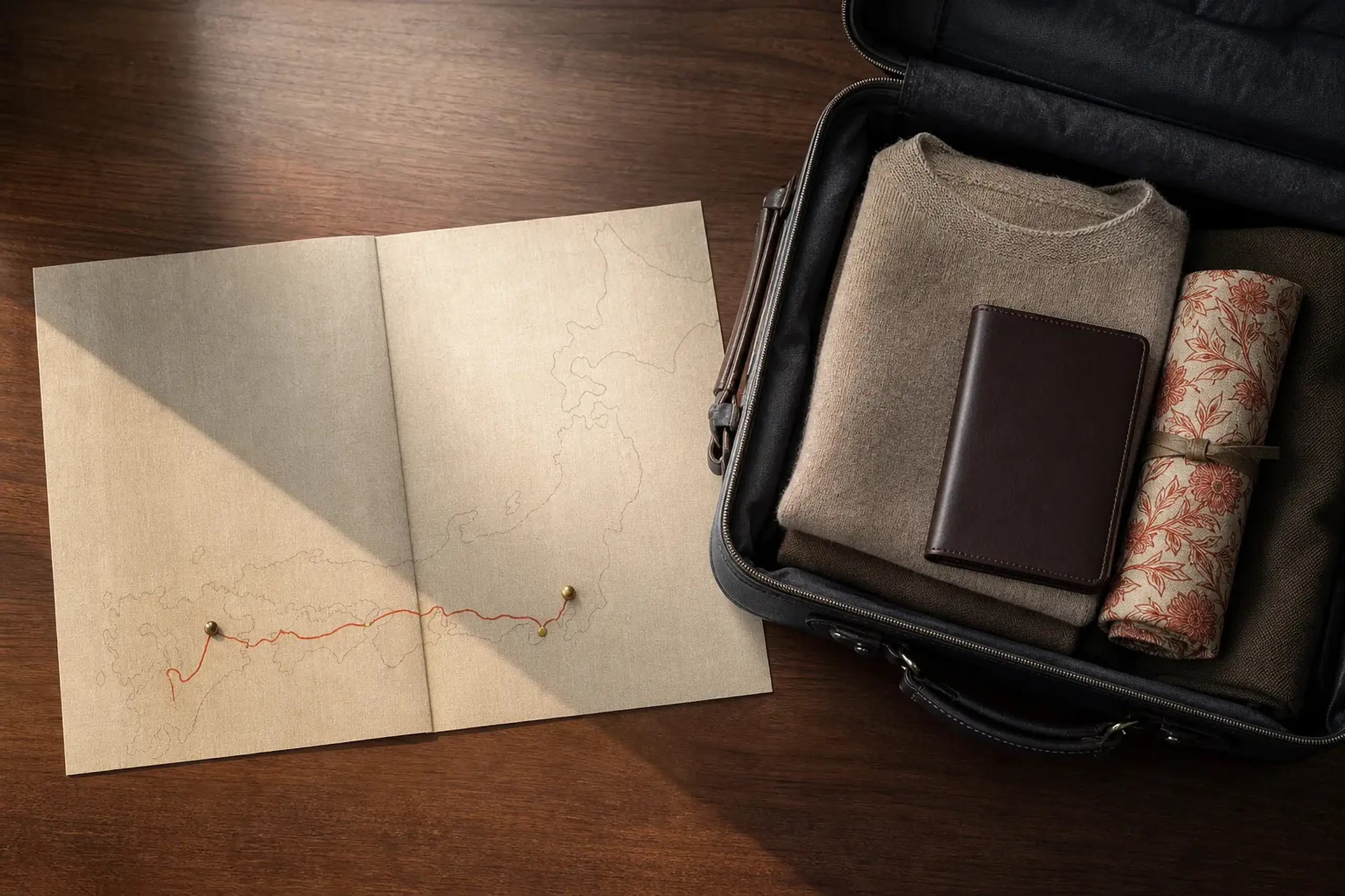 Travel planning desk with map showing Tokyo Hakone Kyoto and a neatly packed suitcase