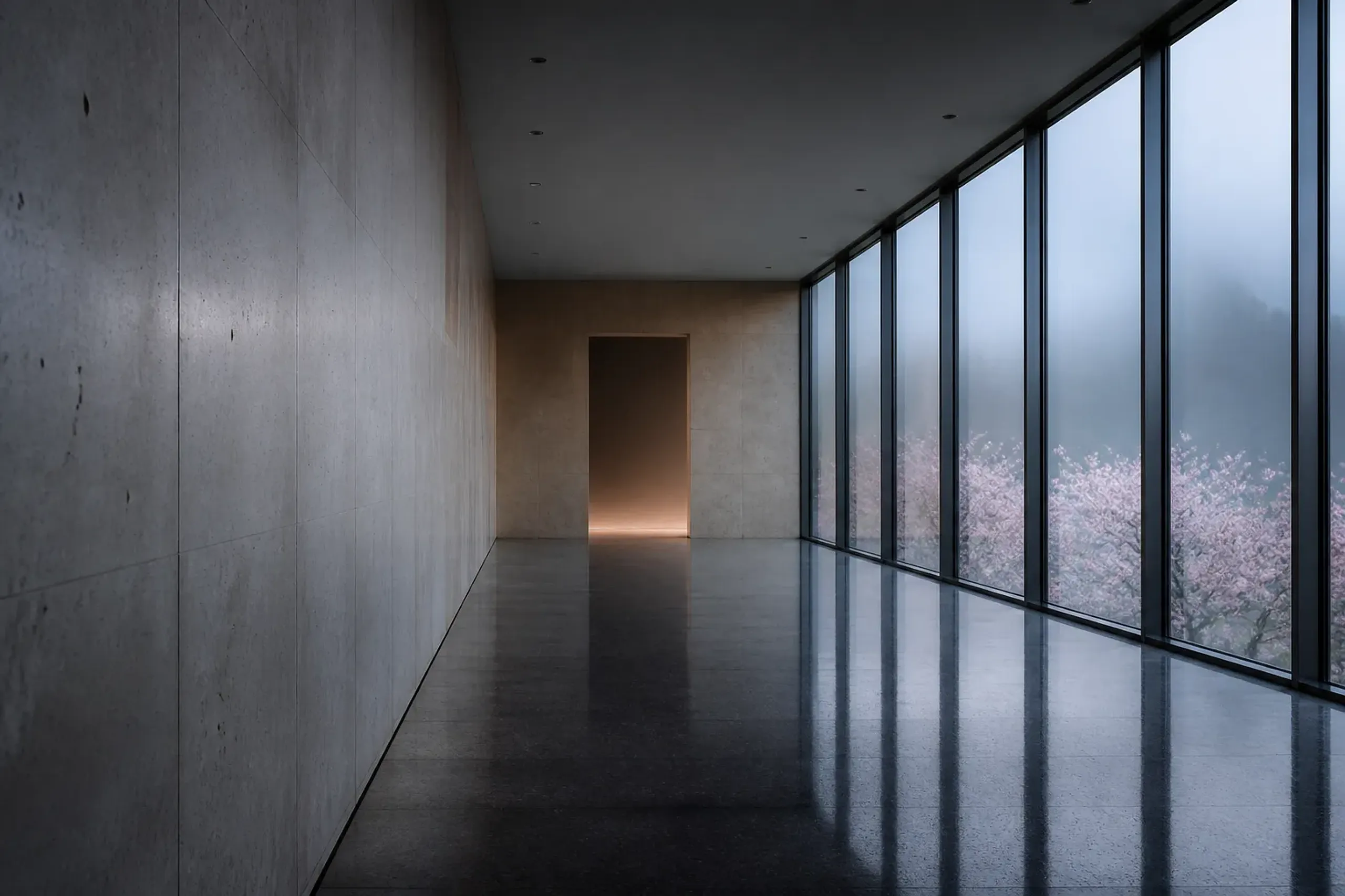 Deserted newly renovated Japanese museum gallery lit by soft morning light