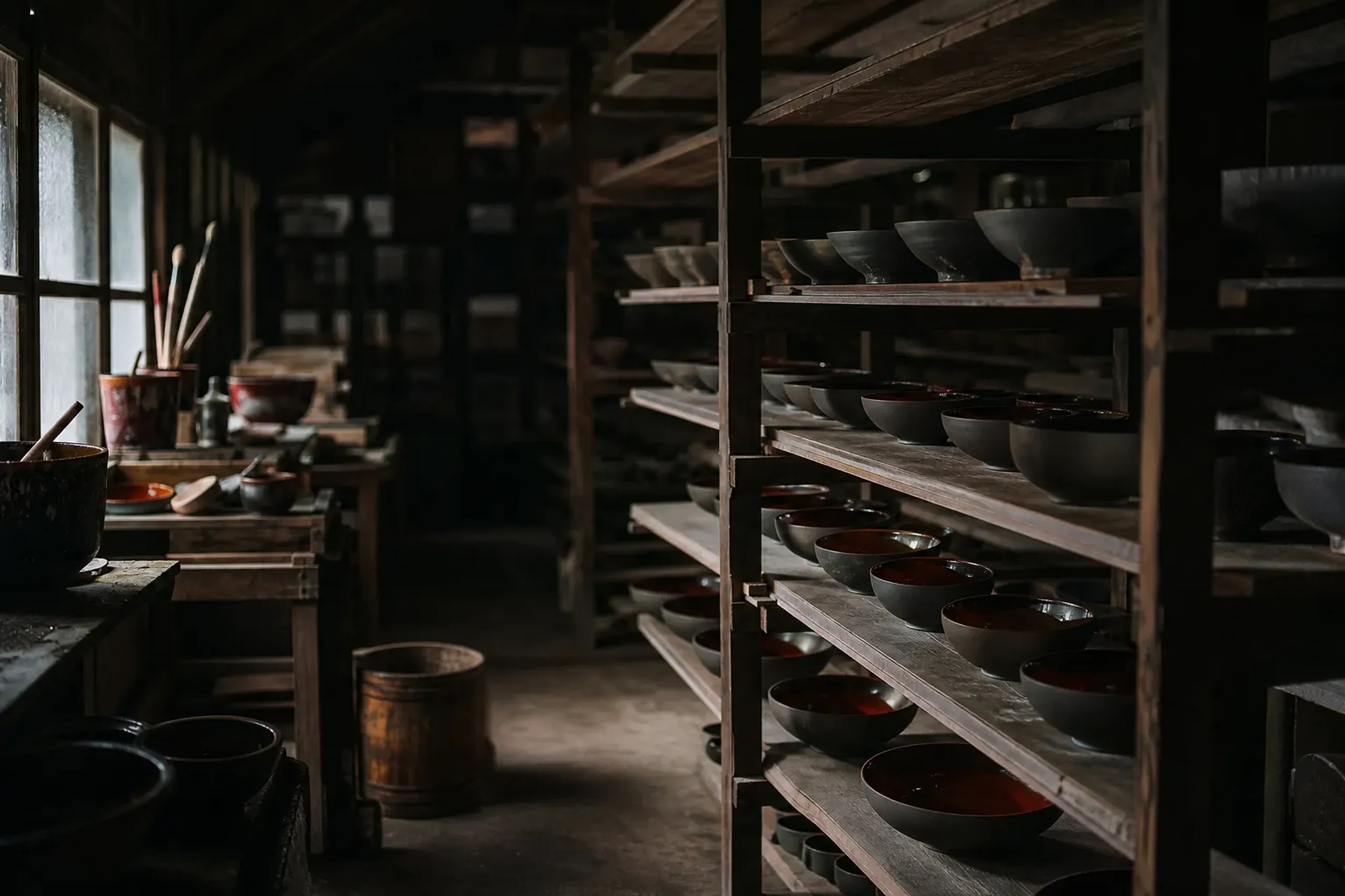 The interior of the Nakata Shikki family workshop in Matsushima-chō, showing lacquer tools, half-finished bowls, and curing racks on wooden shelves