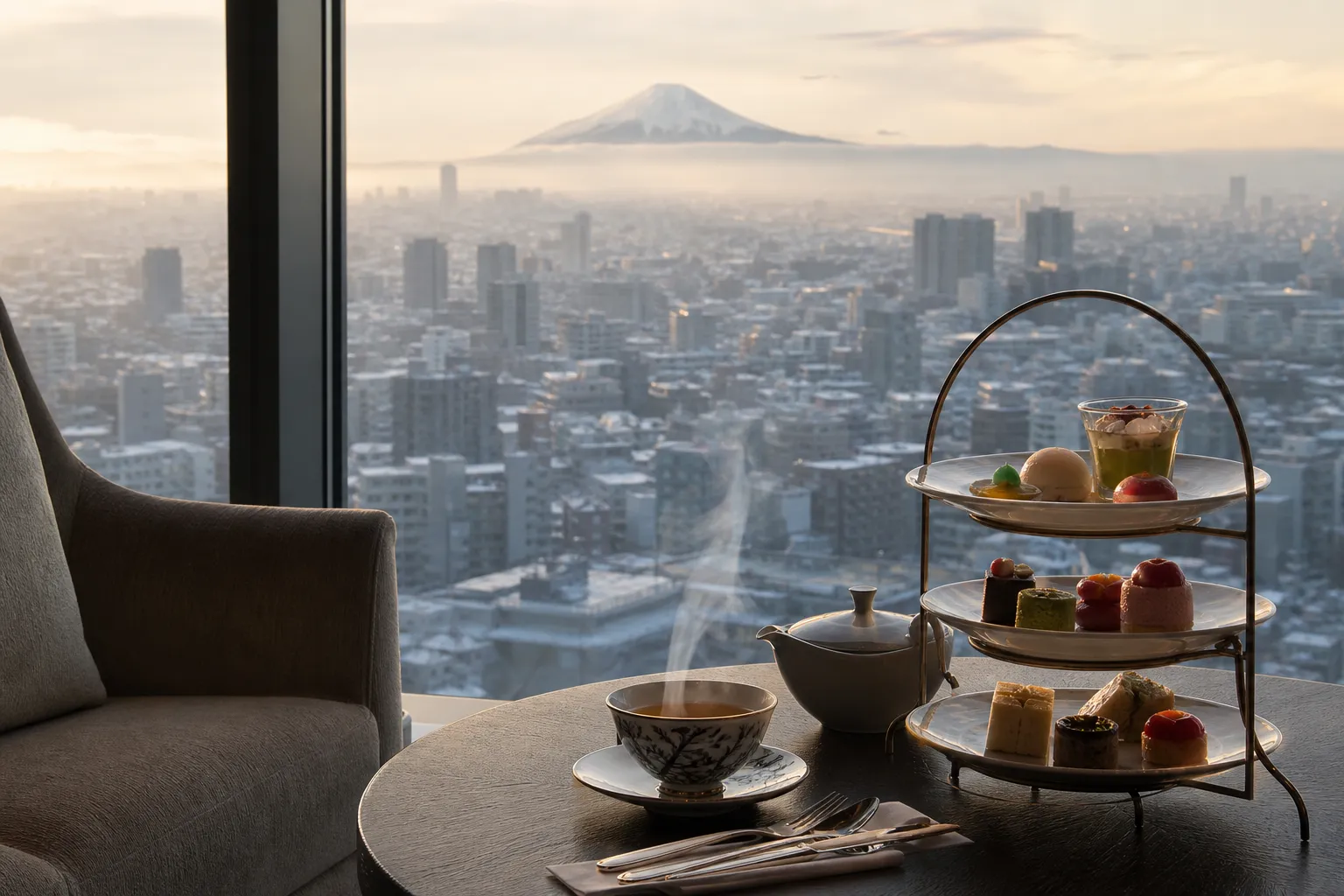 The exclusive Club Lounge at Ritz-Carlton Tokyo featuring luxury seating and afternoon tea service.