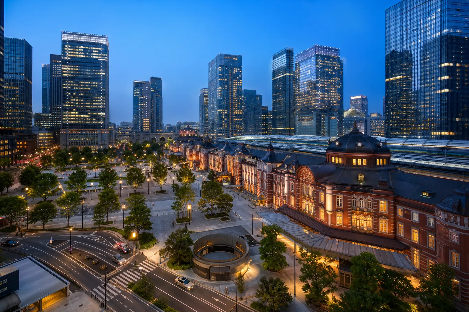 Elevated view of Tokyo Station and Marunouchi district at twilight