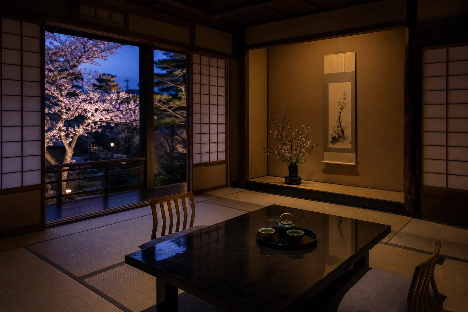 Traditional tatami ryokan room in Kyoto with shoji screens and tokonoma alcove
