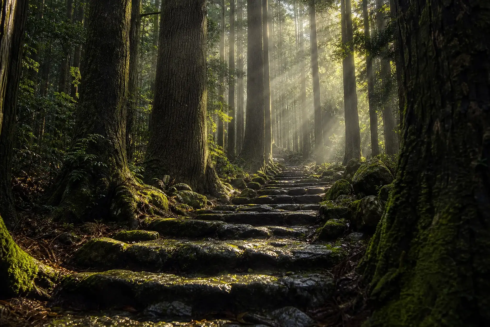 Moss-covered stone steps of the Kumano Kodo pilgrimage trail through cedar forest