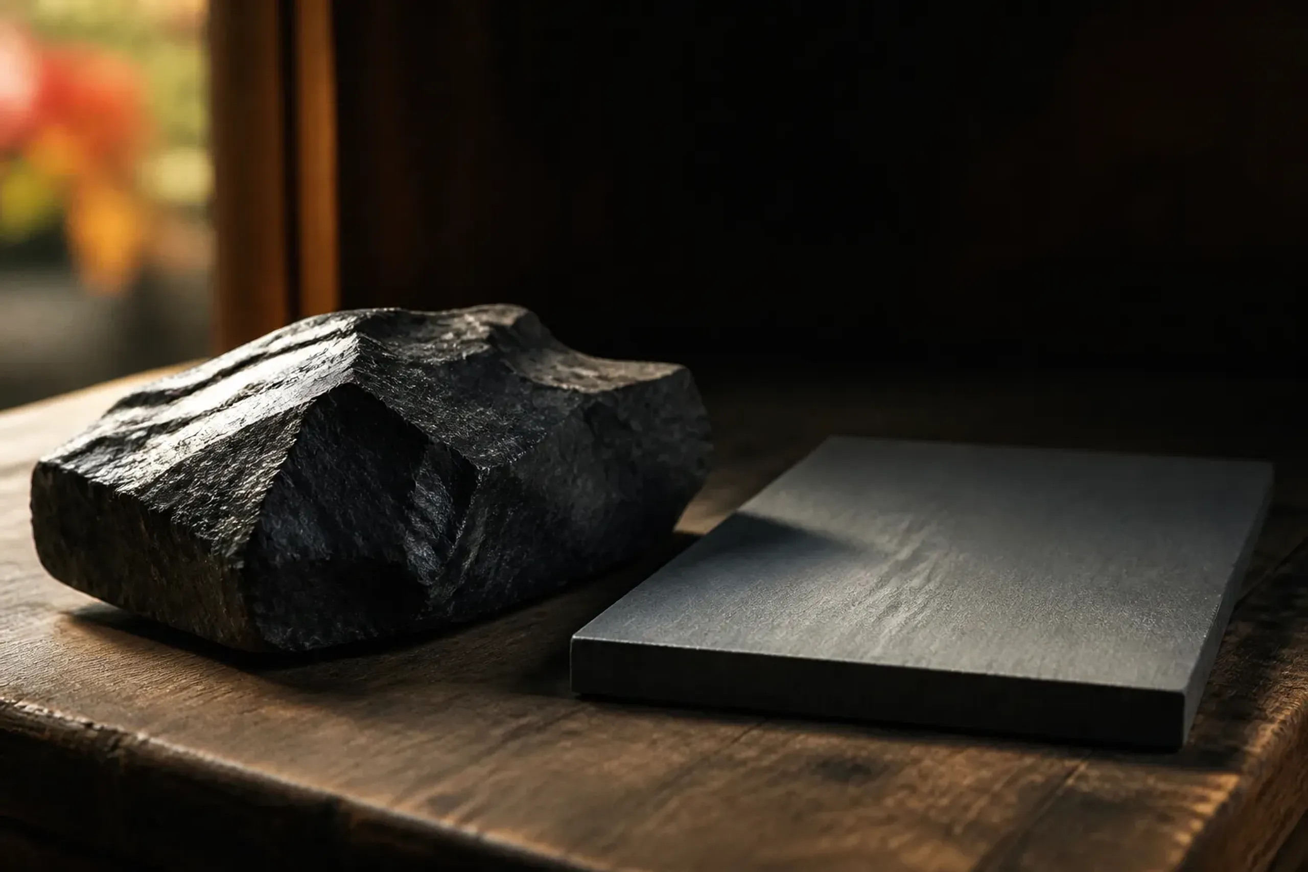 a quarried block of rough sanukite beside a compressed instrument slab made from sanukite powder mixed with clay