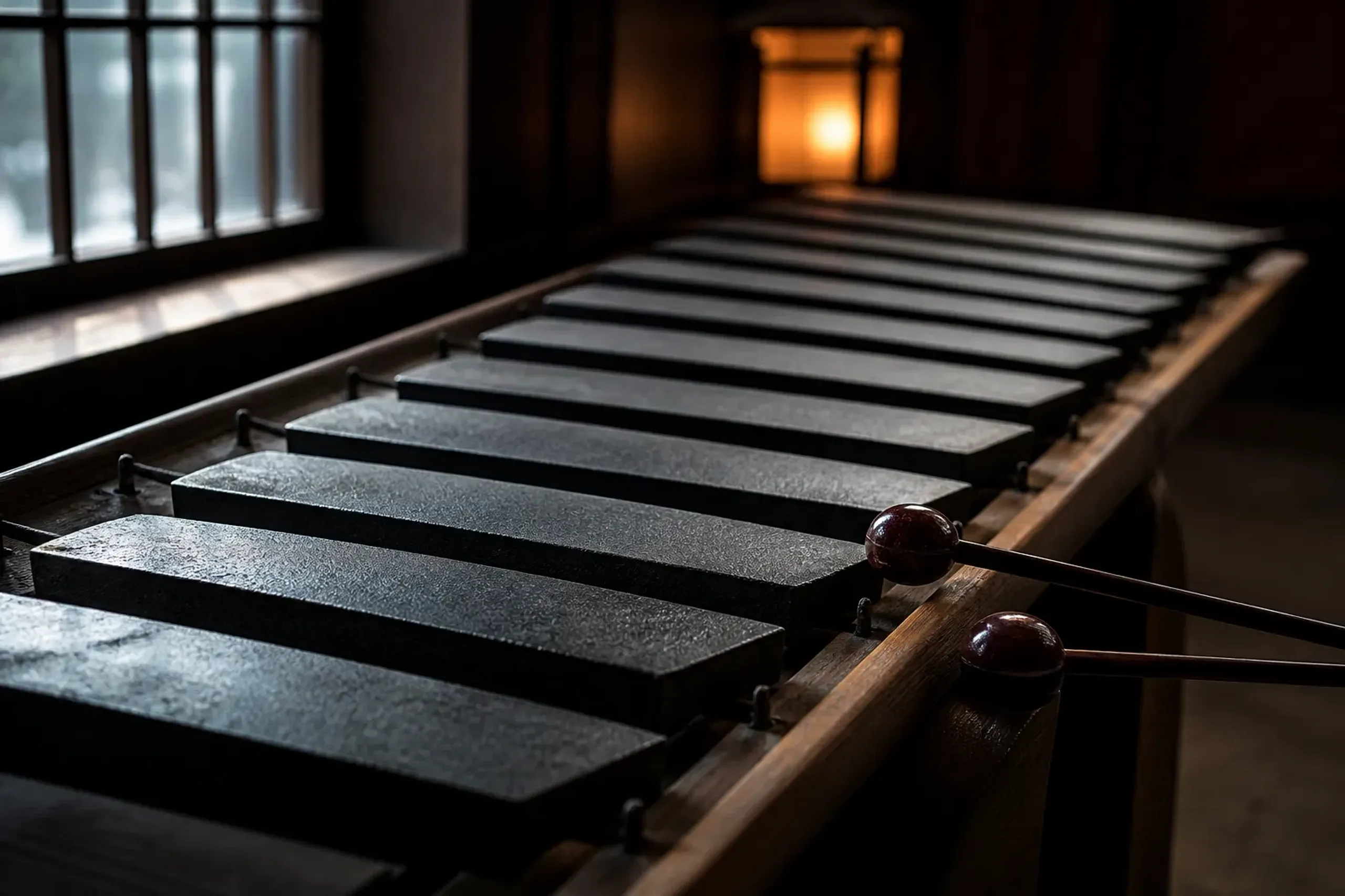 the sanukite stone lithophone instrument in Sakaide, rows of tuned black stone slabs arranged like a xylophone on a wooden stand
