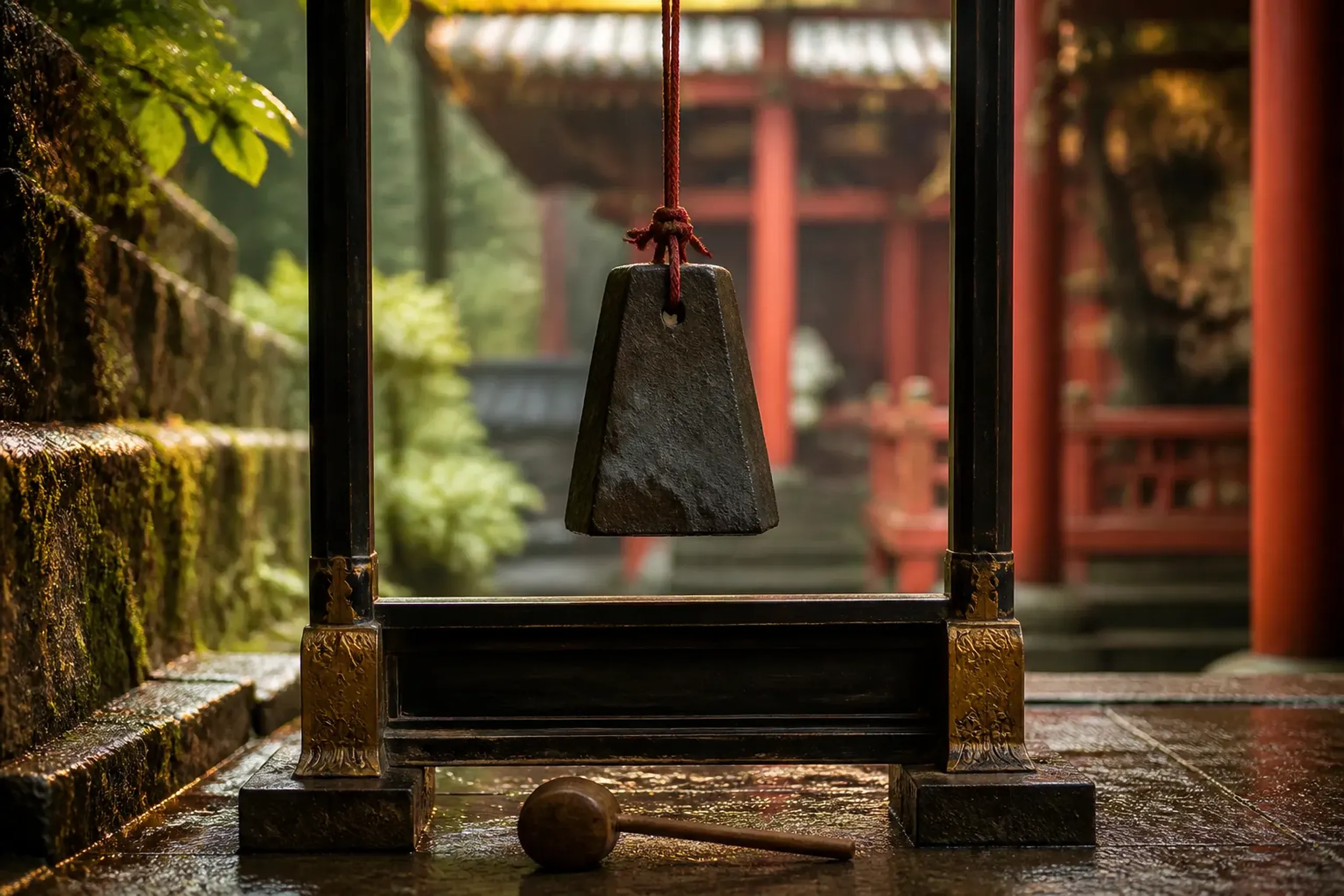 a stone kei hanging chime of sanukite suspended in an ornate frame at the Confucius Temple in Taipei