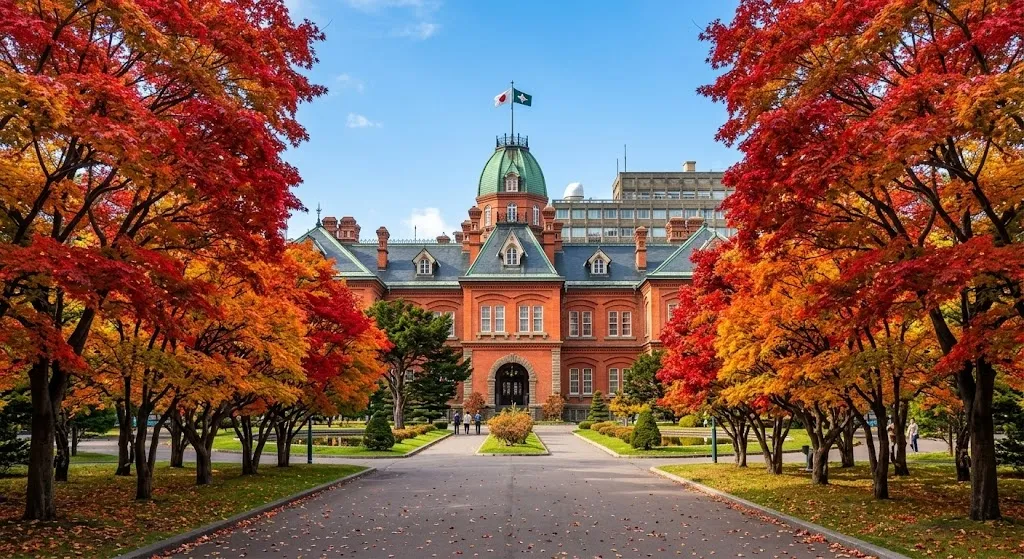 The grand red-brick Former Hokkaido Government Office is framed by vivid autumn maple leaves, showcasing its Neo-Baroque architecture and green domes under a clear, bright blue sky in Sapporo.