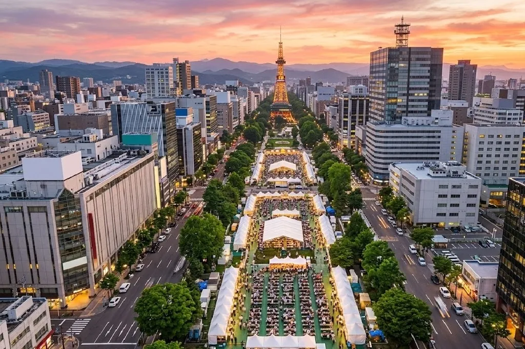 An expansive aerial view of the outdoor beer garden in Odori Park at sunset, showing long rows of white tents and tables stretching toward the distant Sapporo TV Tower.