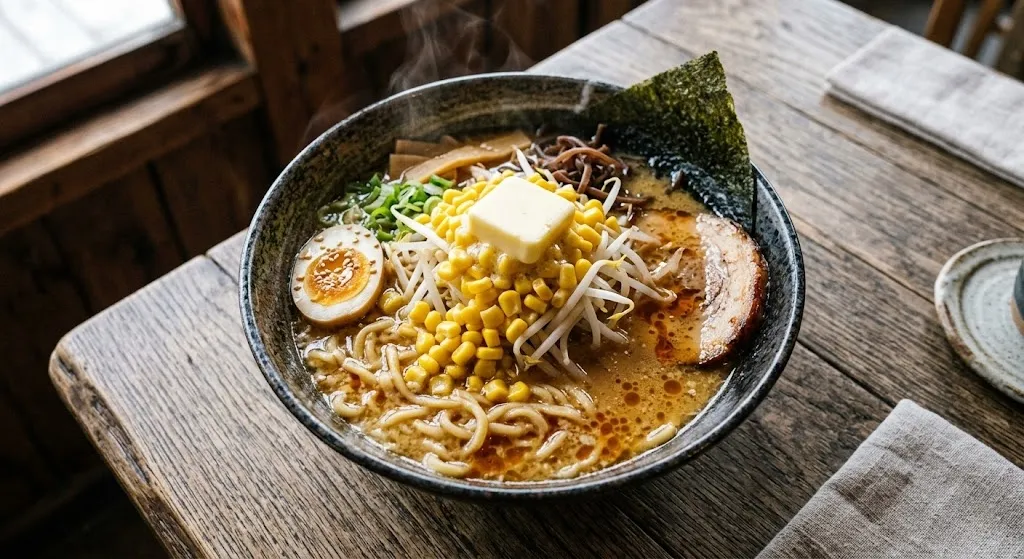 A top-down view of a rich miso ramen bowl featuring a melting slice of butter, sweet corn, and green onions over a savory, deep-colored pork and chicken broth.