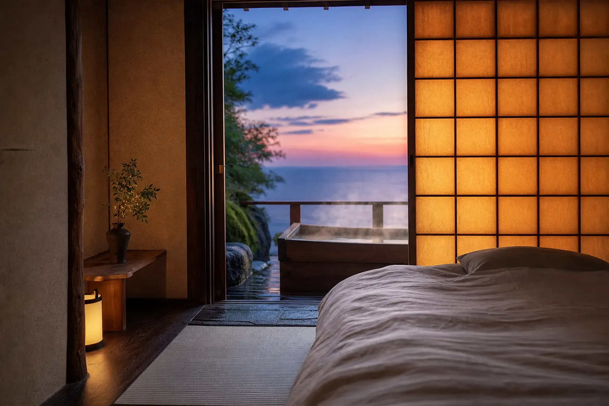 Bedroom in a Japanese-style room with sliding shoji doors opening to a balcony and an outdoor hot tub overlooking the sea at sunset