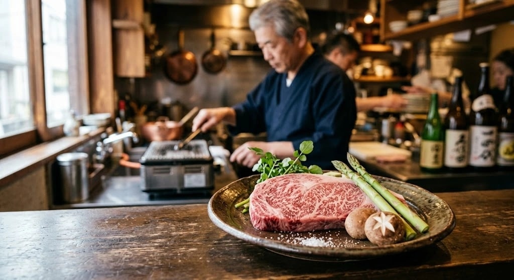 Chef cooking in a busy kitchen behind a plate of marbled steak with asparagus and mushrooms on a wooden counter in foreground.