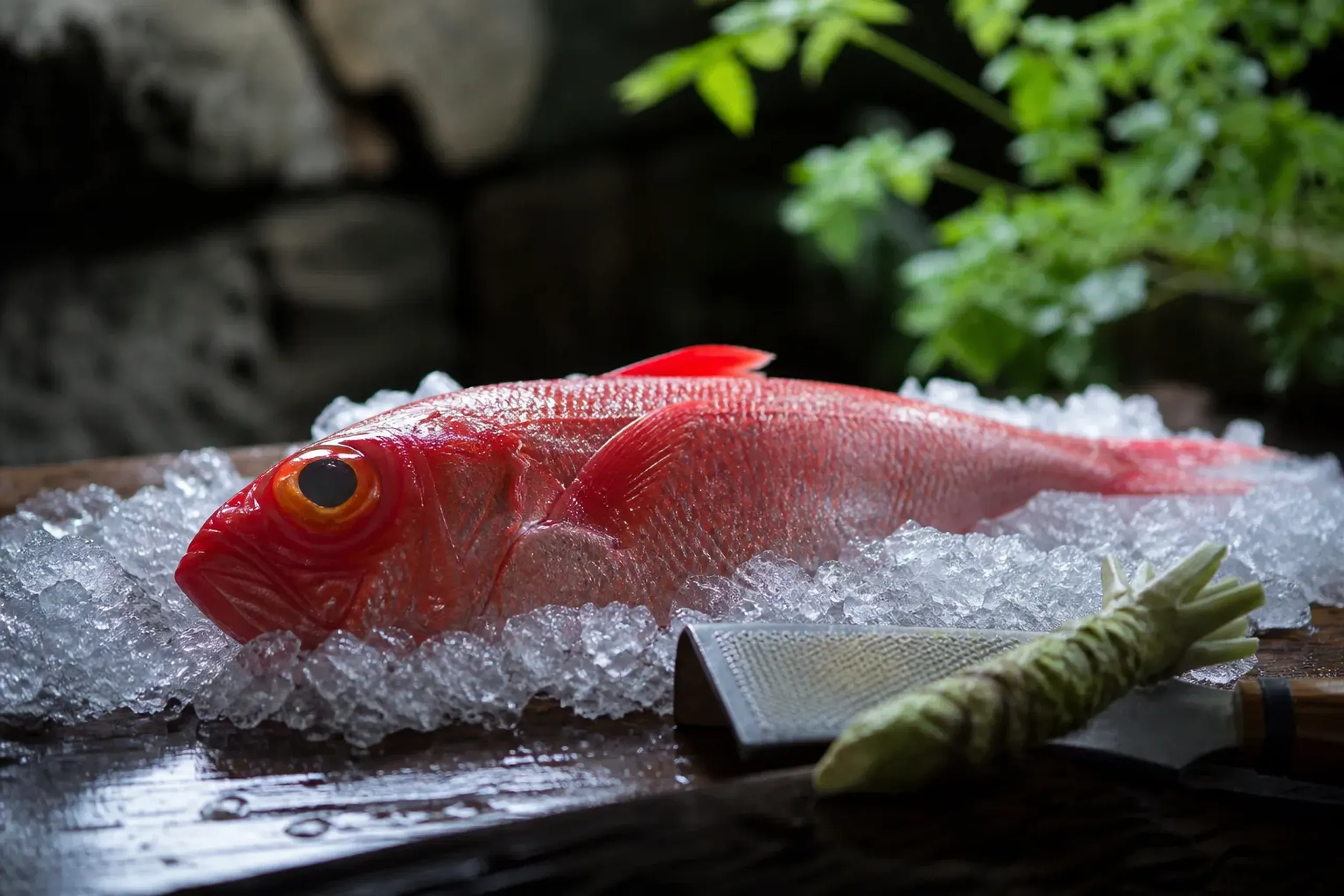 Close-up of kinmedai on ice with fresh wasabi and a wasabi grater