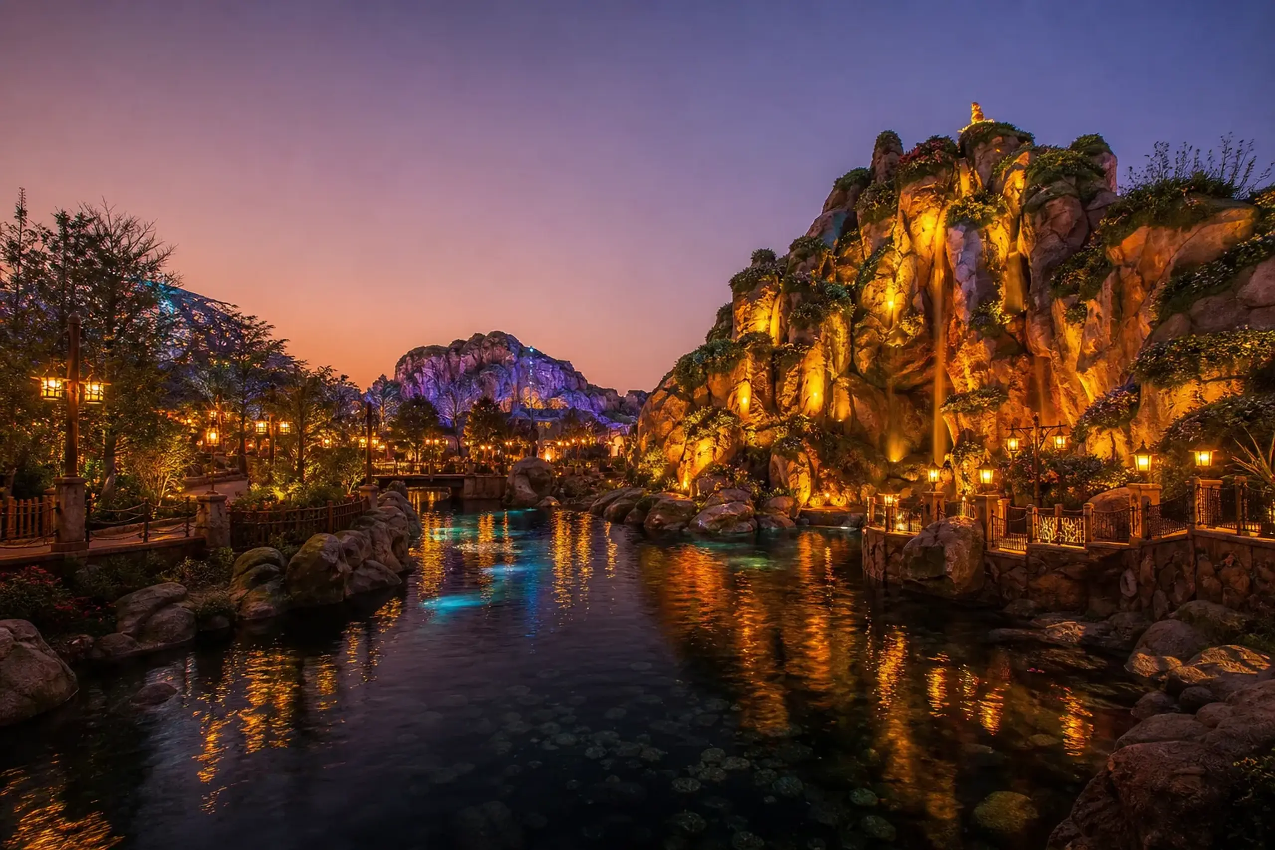 Fantasy Springs at Tokyo DisneySea illuminated at dusk with empty pathways