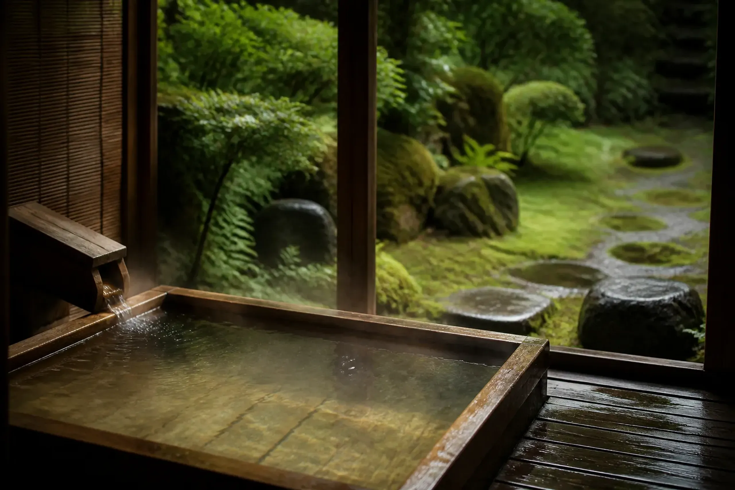 Private open-air rotenburo bath on a ryokan veranda overlooking a moss garden