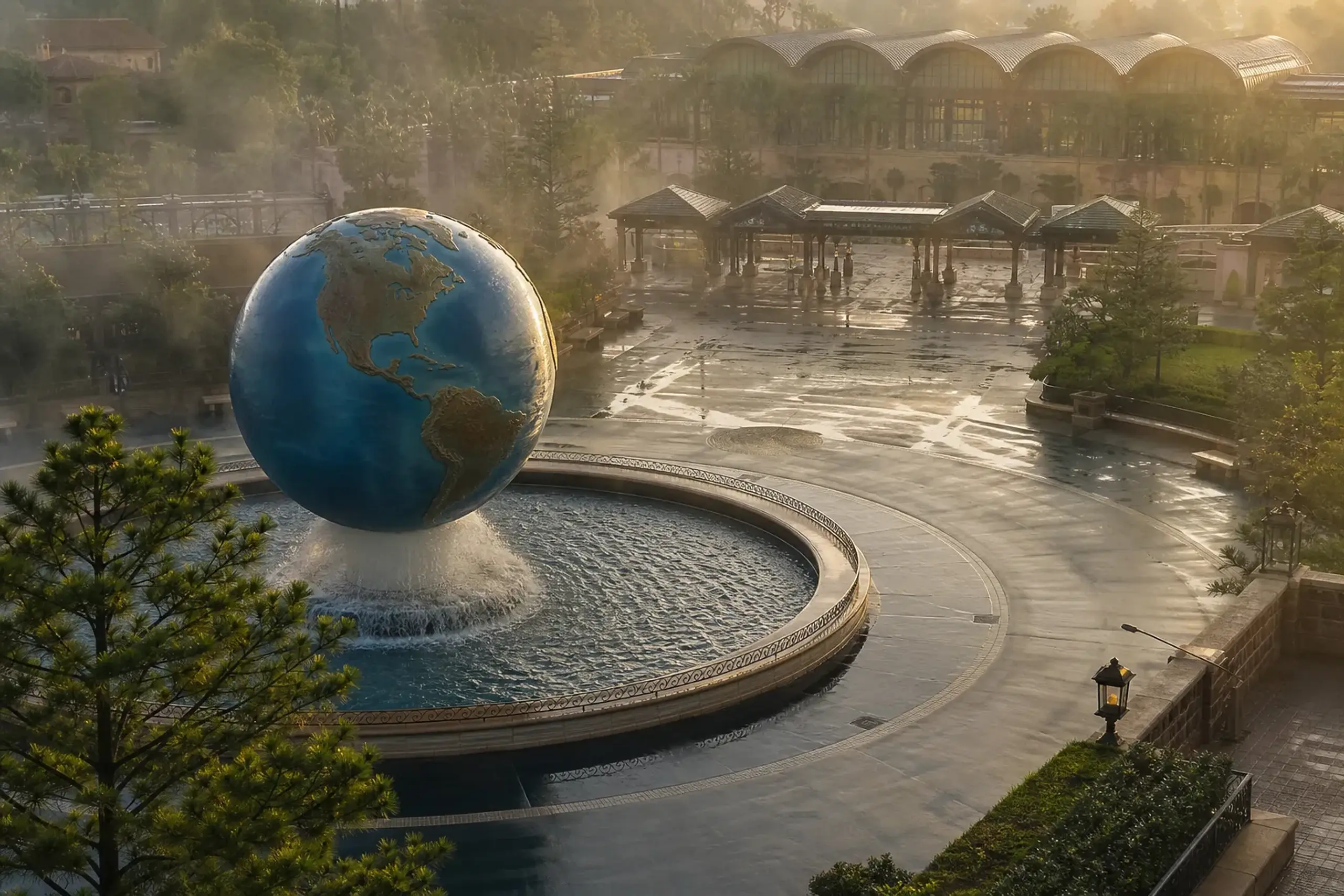 the entrance globe fountain at Universal Studios Japan in Osaka, gleaming in early morning light before the crowds arrive