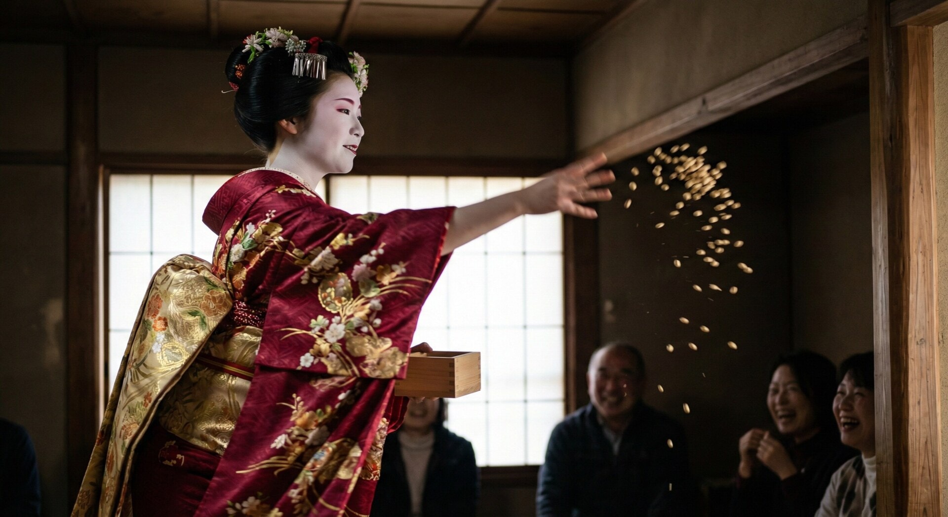 A Maiko in Kyoto throwing roasted soybeans during the Setsubun festival.
