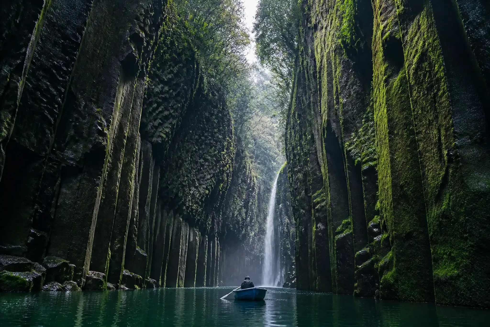 The steep volcanic rock walls and emerald waters of Takachiho Gorge in Miyazaki.