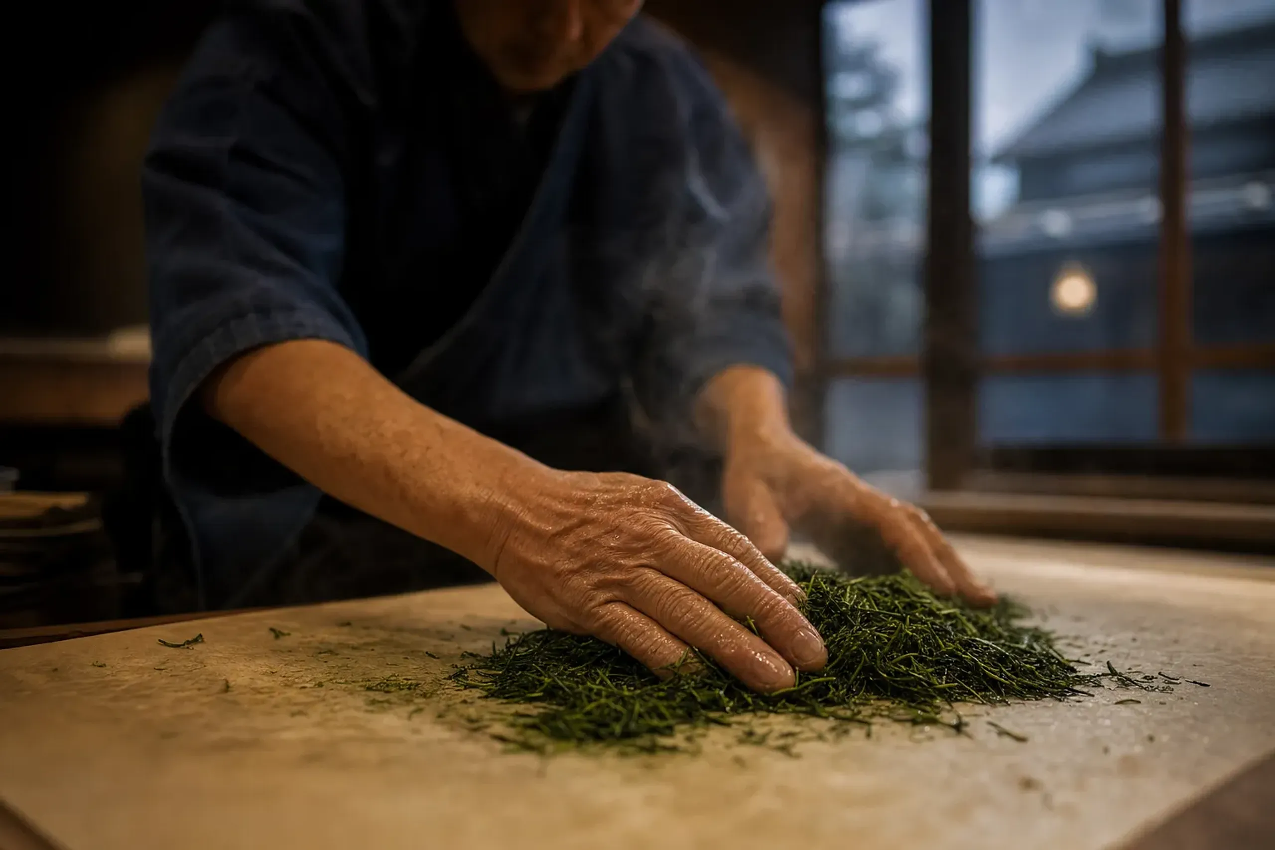 A temomi-cha hand-rolling demonstration: fresh green tea leaves being rolled by hand on a heated paper-topped table at the Sayama Shincha Festival