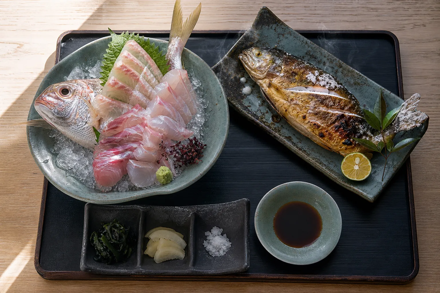 Japanese seafood meal with sashimi and grilled fish in Wakayama