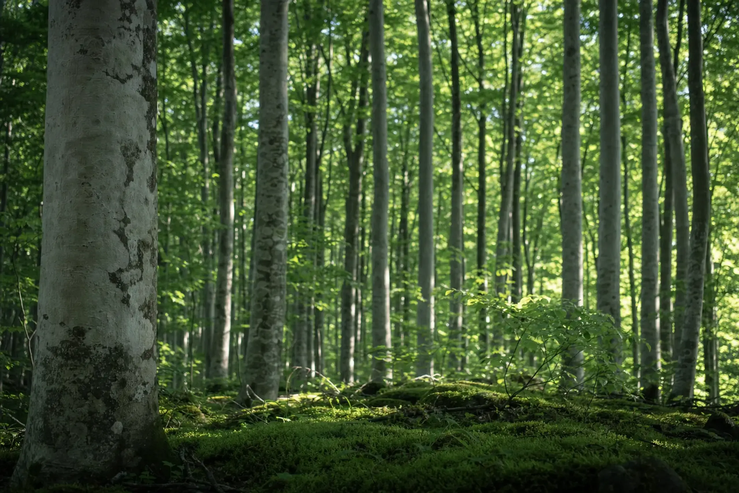 Pale beech trees and green summer canopy in the Shirakami-Sanchi forest