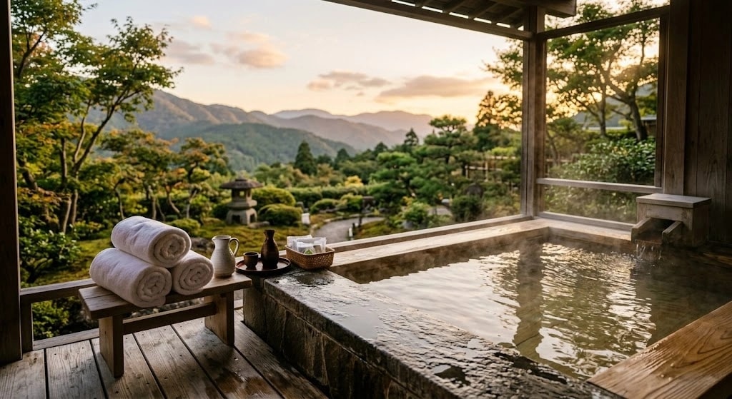 Outdoor wooden onsen bath on a deck with rolled white towels, a small tea set, and a scenic garden view of trees and distant mountains at sunset light.