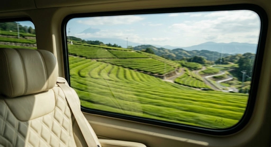 Inside a vehicle, beige seats, view of terraced green fields and winding roads outside the window.