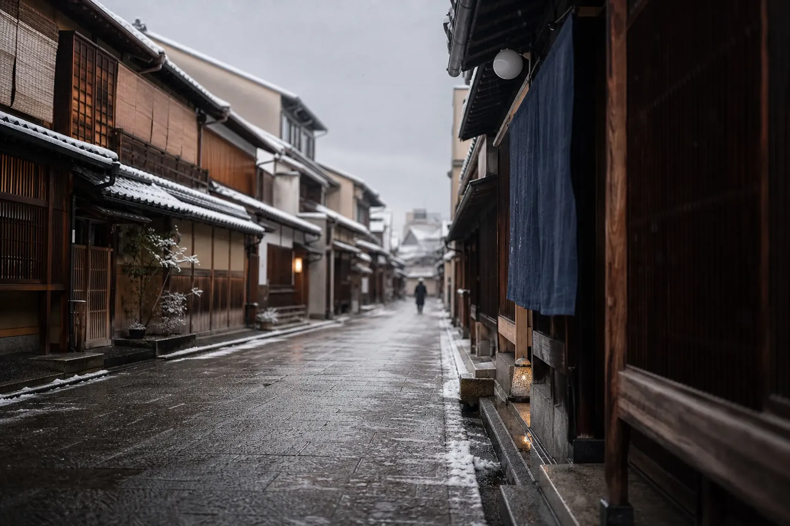 Quiet early-morning Kyoto street with traditional machiya facades and minimal foot traffic