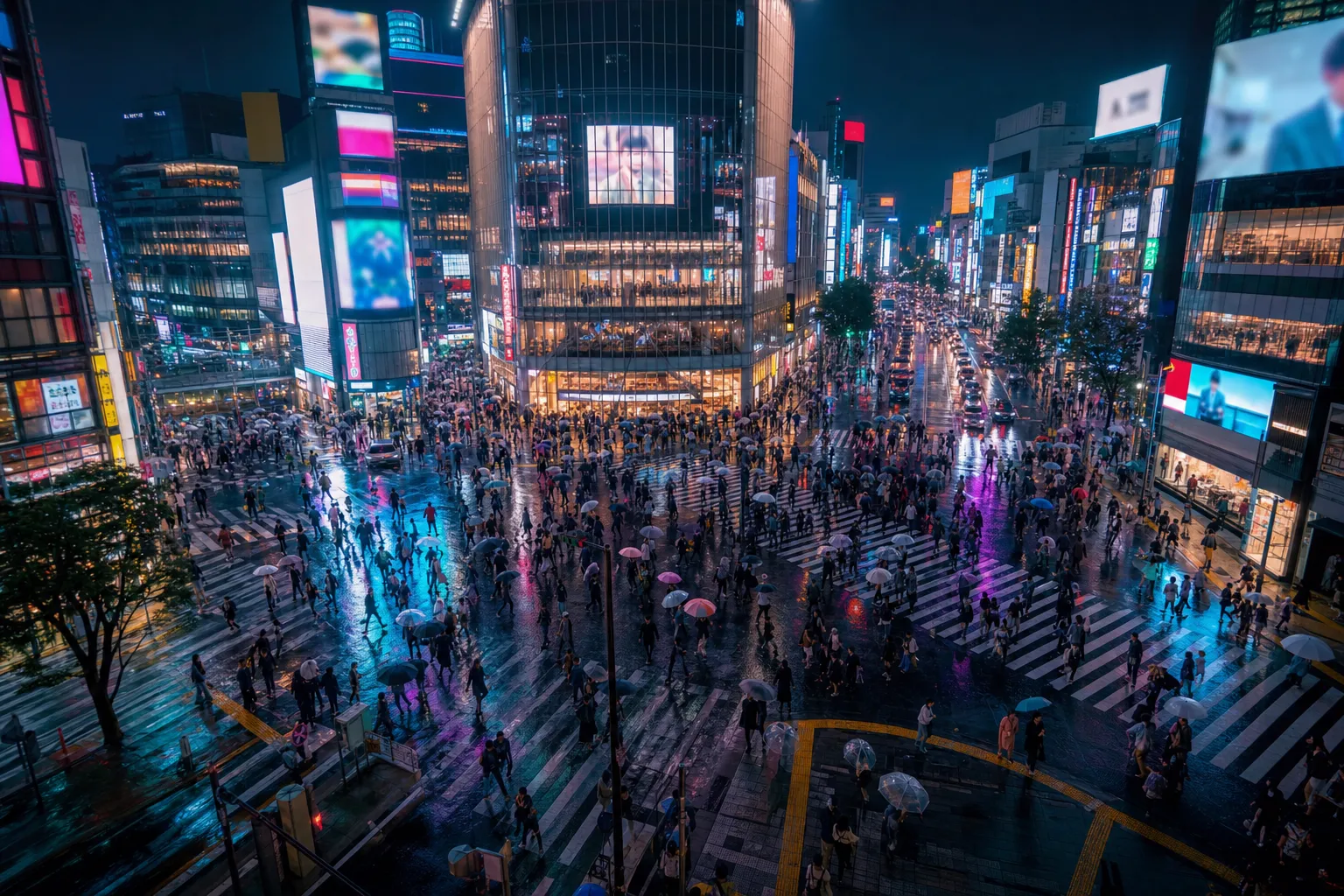 Shibuya scramble crossing in Tokyo at dusk with crowds walking beneath neon signage
