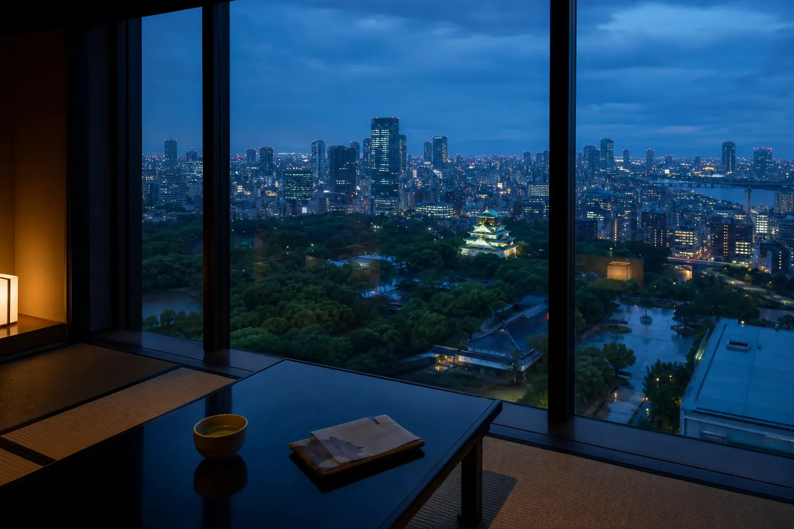 Luxury Osaka hotel room at dusk with large windows overlooking the illuminated city skyline